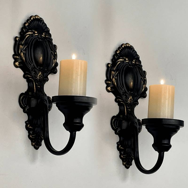 Lot de 2 bougeoirs décoratifs muraux, finition métallique et motif rococo, noir antique, pour salon-Lytech - Image 1