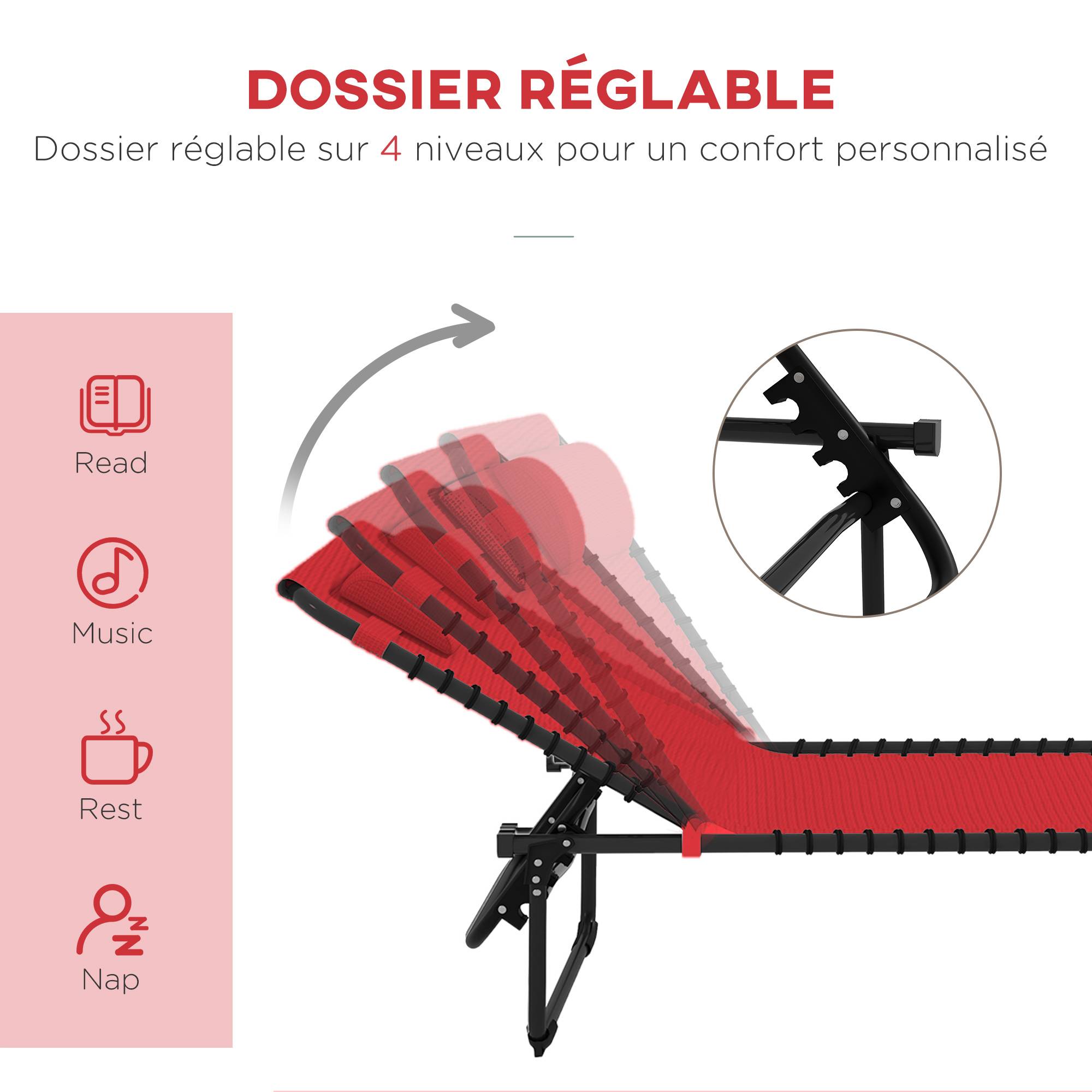 Bain de Soleil transat Pliable Dossier inclinable Multi-Positions - 189x58x30cm Acier Rouge fr117 - Image 6