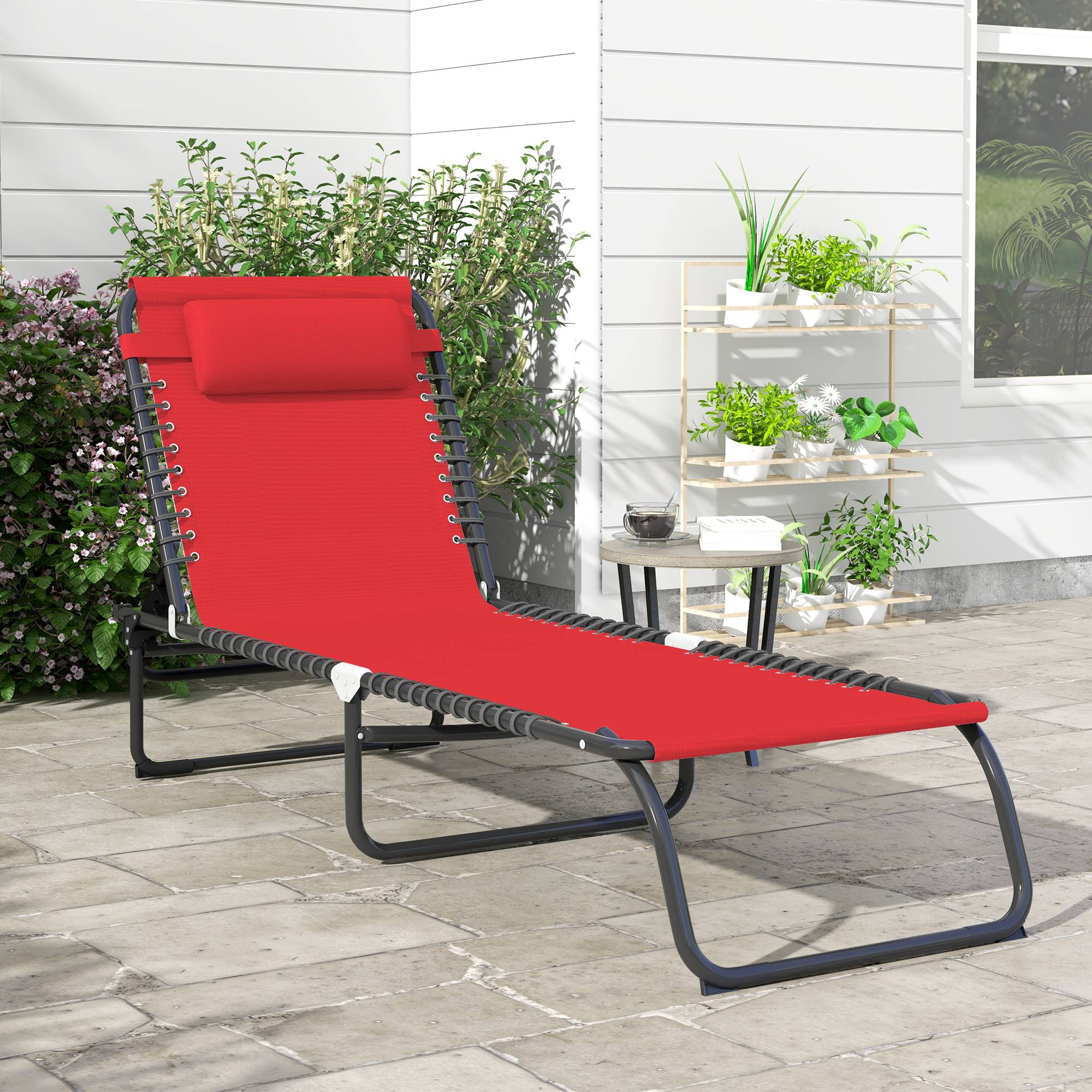 Bain de Soleil transat Pliable Dossier inclinable Multi-Positions - 189x58x30cm Acier Rouge fr117 - Image 3