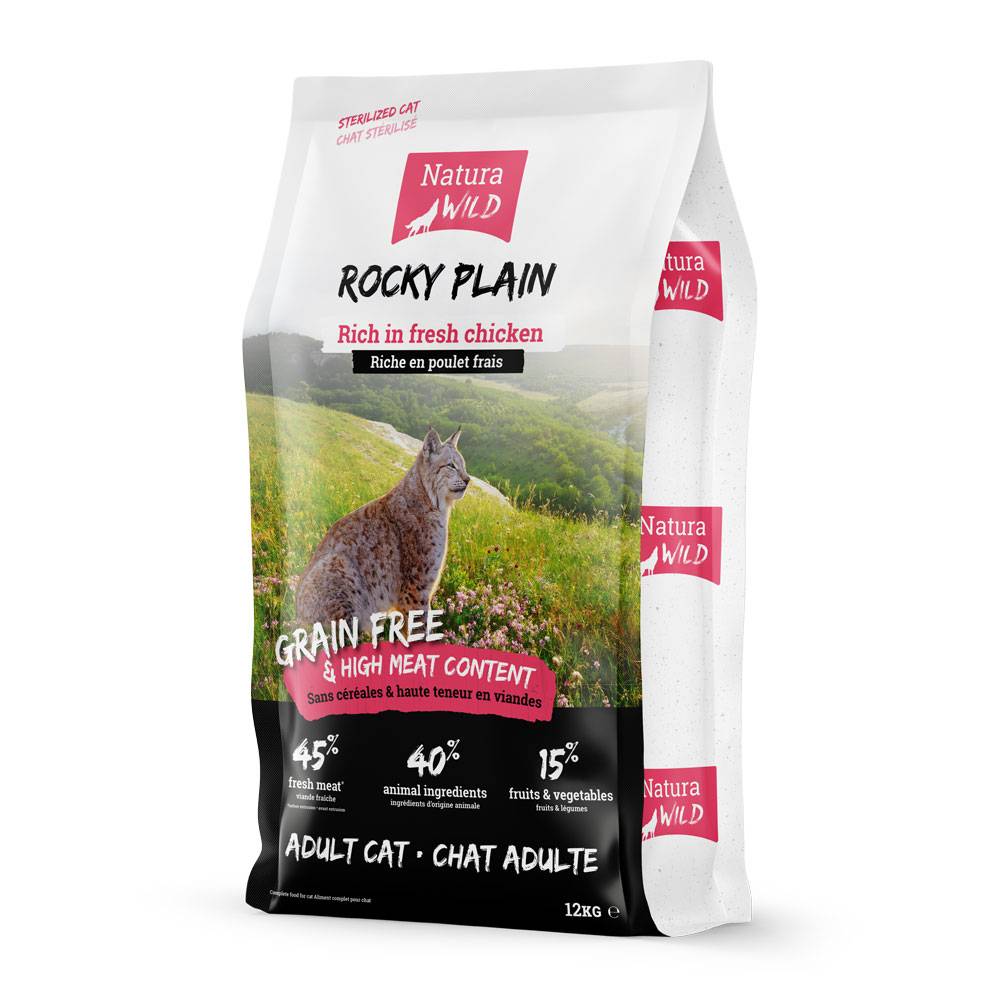 0 - Croquettes sans céréales au poulet pour chat stérilisé Natura Wild Rocky Plain 12kg