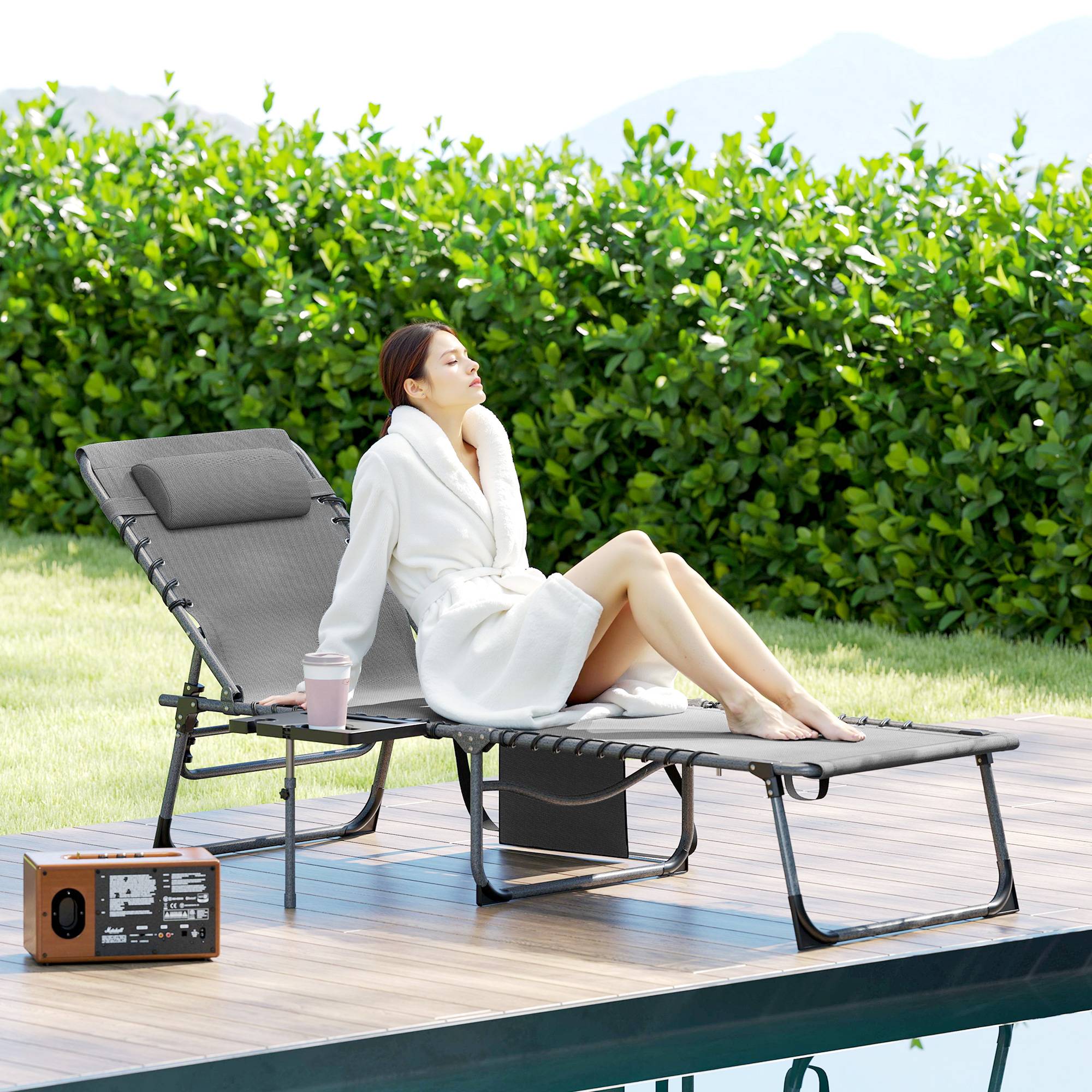 Bain de soleil pliante dossier réglable sur 5 niveaux, plateau - 190x60x31cm Tissu Oxford Gris fr32 - Image 3