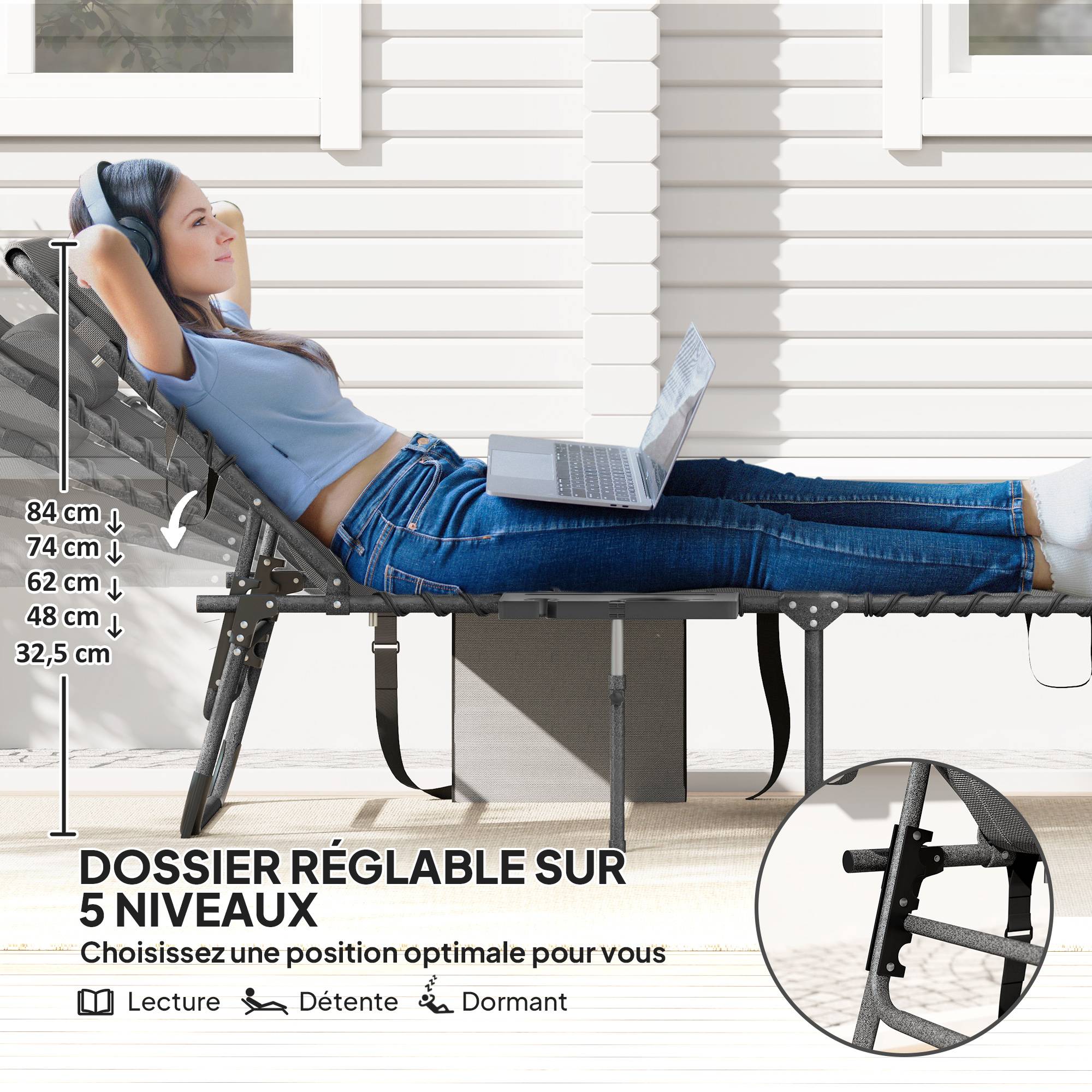Bain de soleil pliante dossier réglable sur 5 niveaux, plateau - 190x60x31cm Tissu Oxford Gris fr32 - Image 6