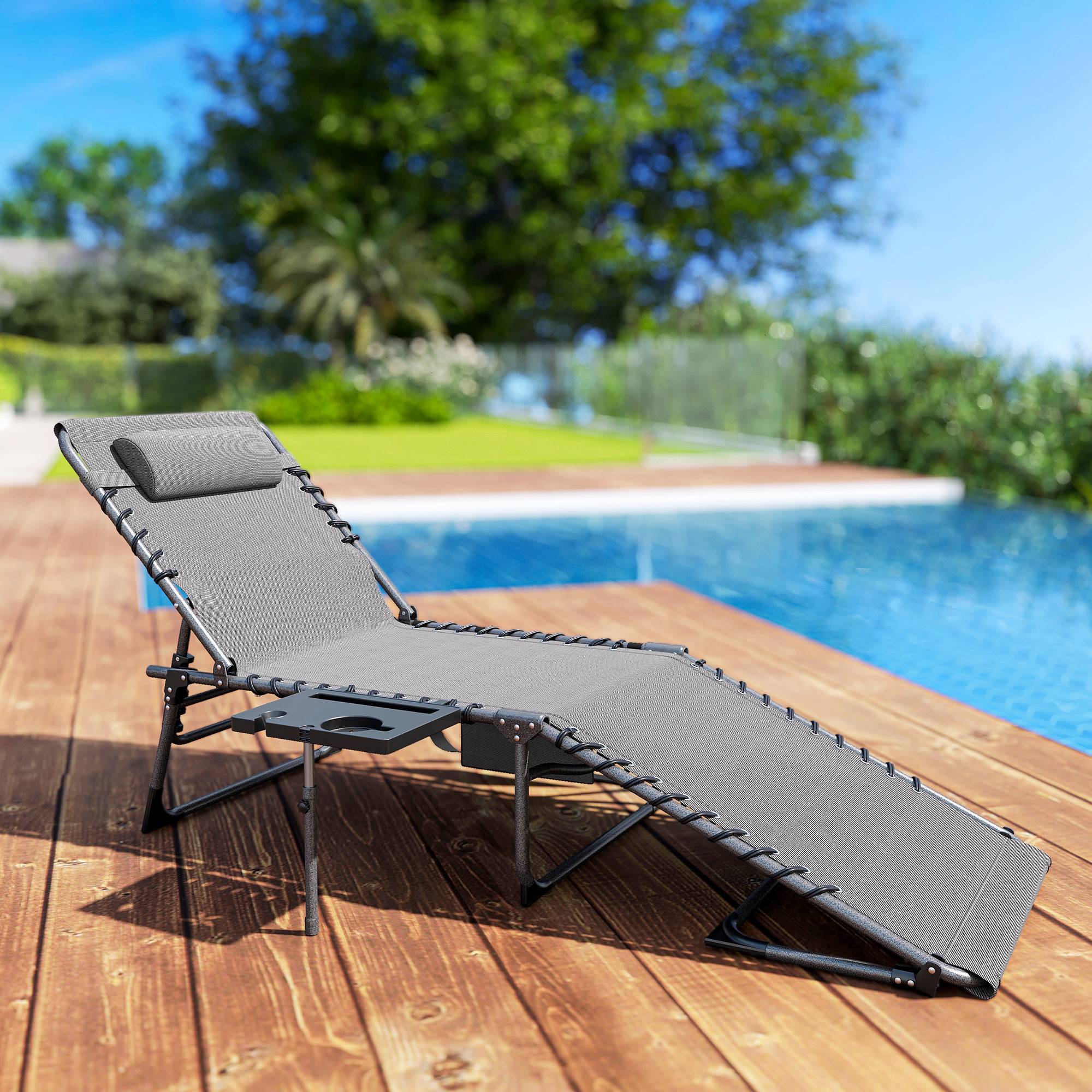 Bain de soleil pliante dossier réglable sur 5 niveaux, plateau - 190x60x31cm Tissu Oxford Gris fr32 - Image 4