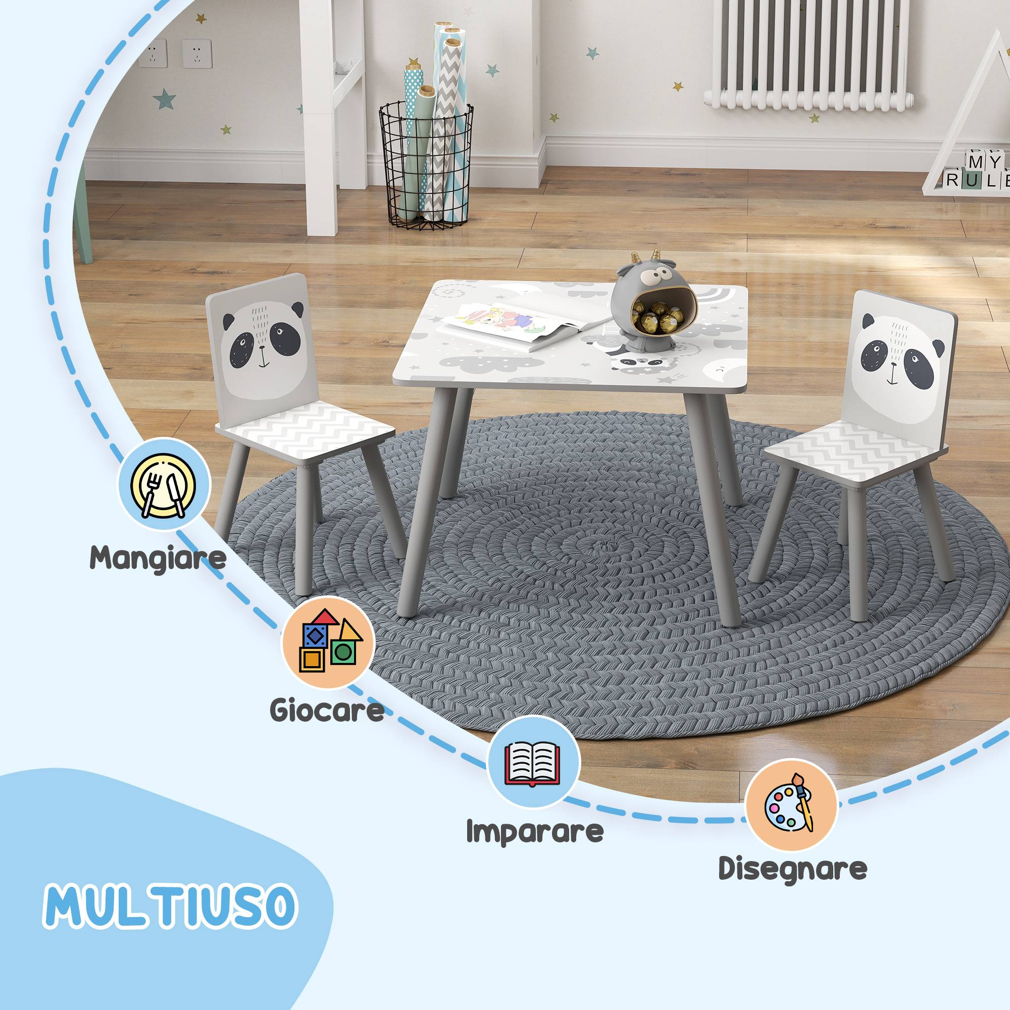 Petite table et 2 chaises enfant 3-8 ans MDF et pin, gris - Image 6