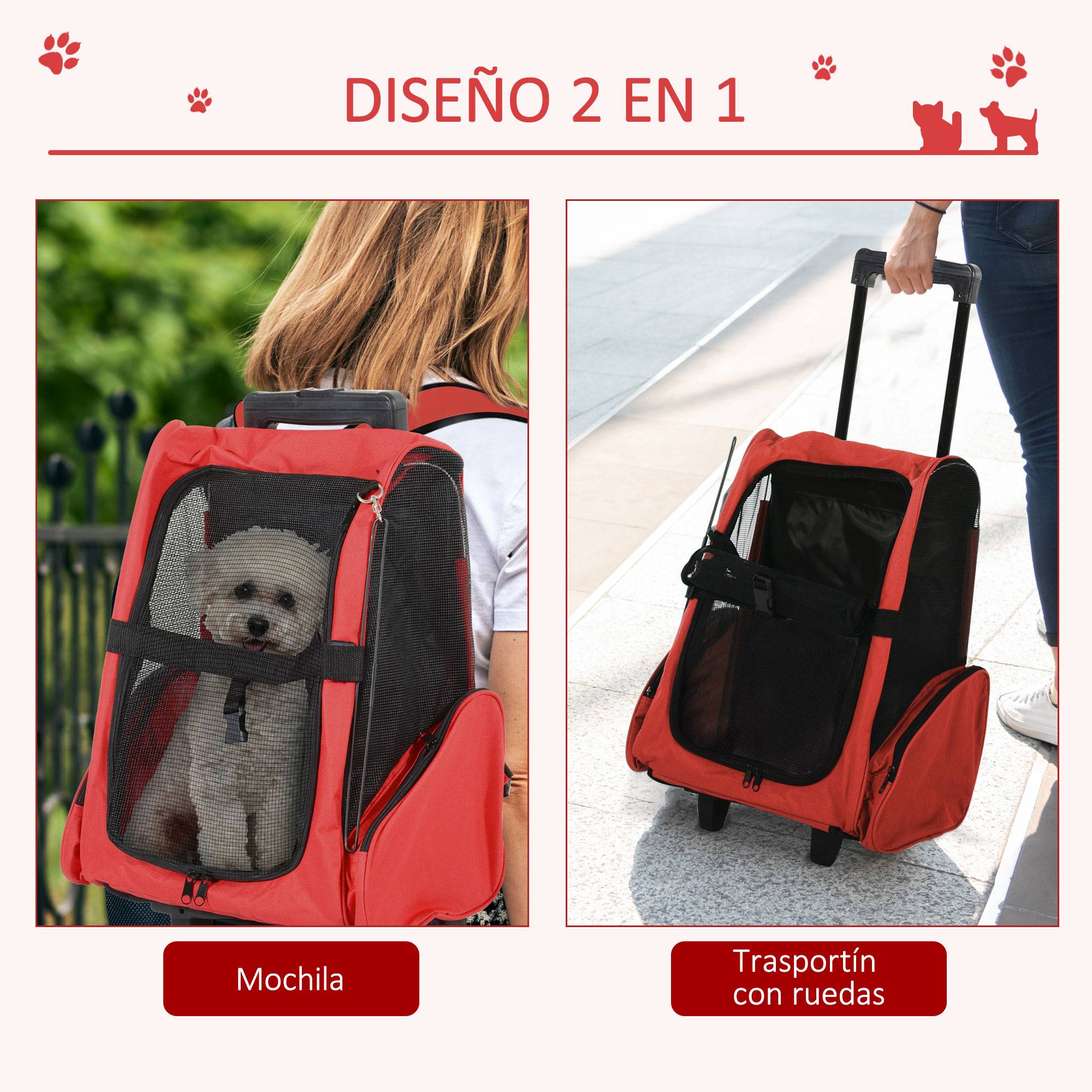 Sac à dos/poussette 2 en 1 pour chien et chat, 42 x 25 x 55 cm, rouge - Image 6