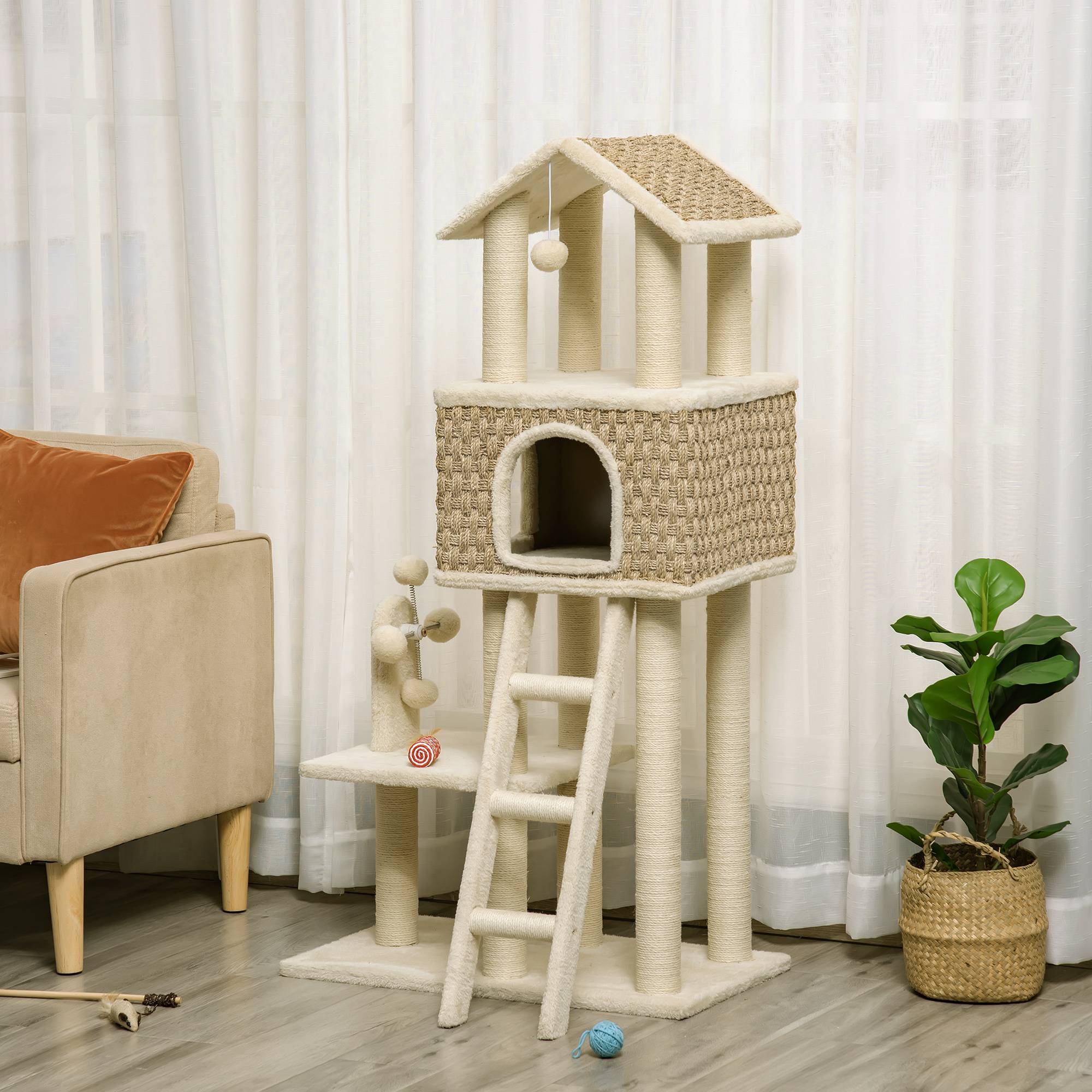 Arbre à chat Sisal chats Espace repos grotte et griffoirs 69x40x131cm Multicolore - ComfortXL Outdoor Living - Image 4