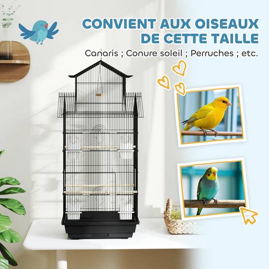 Cage à oiseaux volière acier intérieur perchoirs mangeoires 50,5x41x104cm noir - ComfortXL Outdoor Living - Image 9