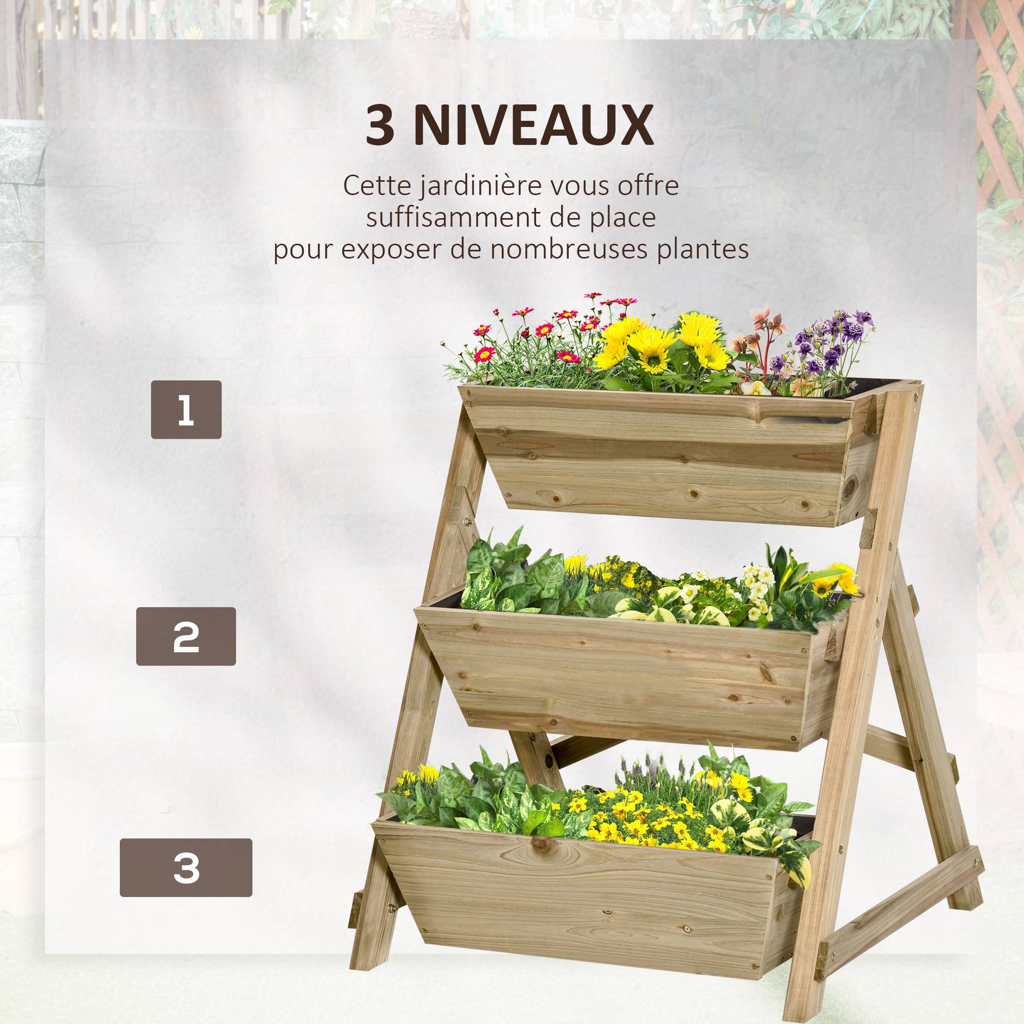 Sans Marque - Jardinière sur Pieds carré Potager 3 étages 71L x 61l x 77H cm Inserts d'irrigation Feutre de Drainage Bois - Image 6
