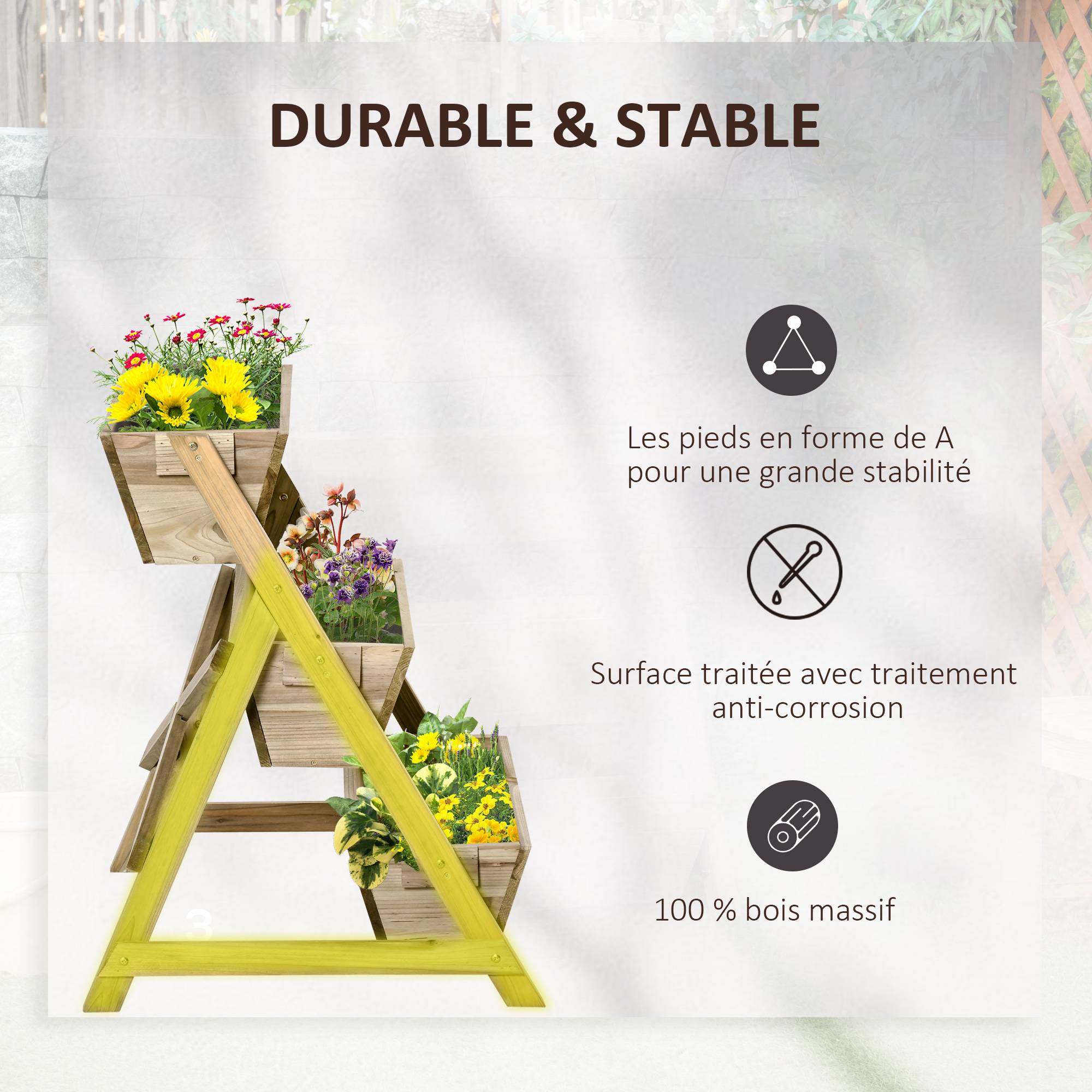 Sans Marque - Jardinière sur Pieds carré Potager 3 étages 71L x 61l x 77H cm Inserts d'irrigation Feutre de Drainage Bois - Image 8
