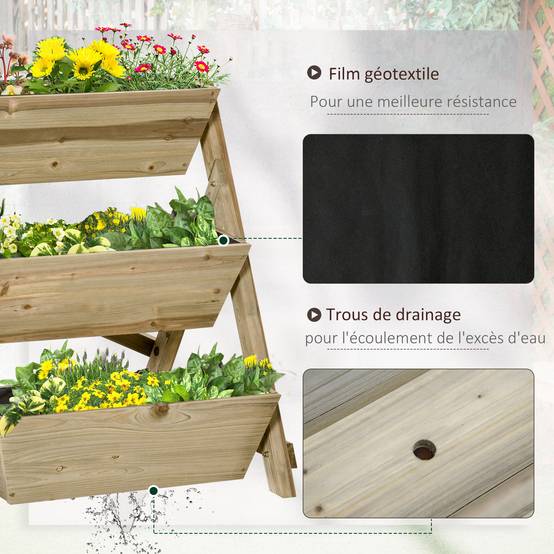 Sans Marque - Jardinière sur Pieds carré Potager 3 étages 71L x 61l x 77H cm Inserts d'irrigation Feutre de Drainage Bois - Image 7