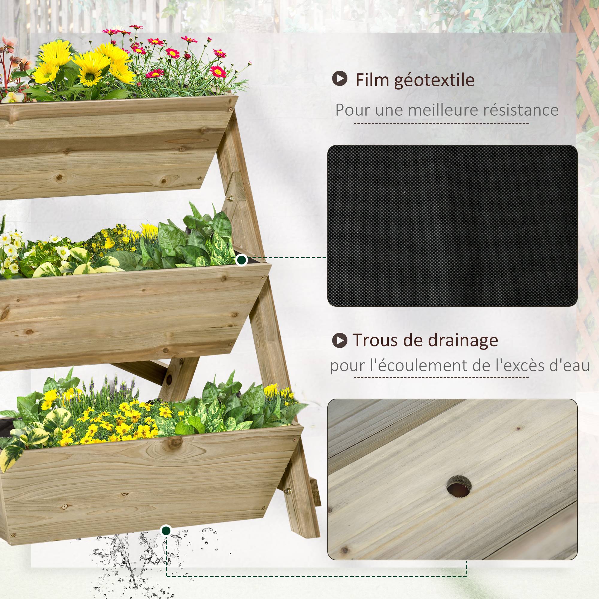 Sans Marque - Jardinière sur Pieds carré Potager 3 étages 71L x 61l x 77H cm Inserts d'irrigation Feutre de Drainage Bois - Image 7