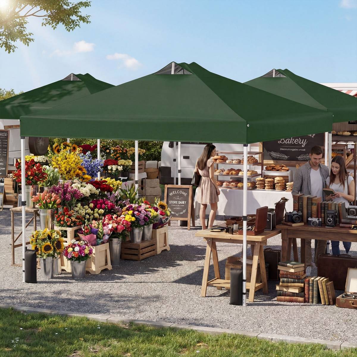 Tonnelle de Jardin 3x3 m Tente Pop-Up, Montage Instantané Toit à Revêtement Argenté Gazebo Portable avec 4 Sacs de Sable Vert MAISON CHIC - Image 5