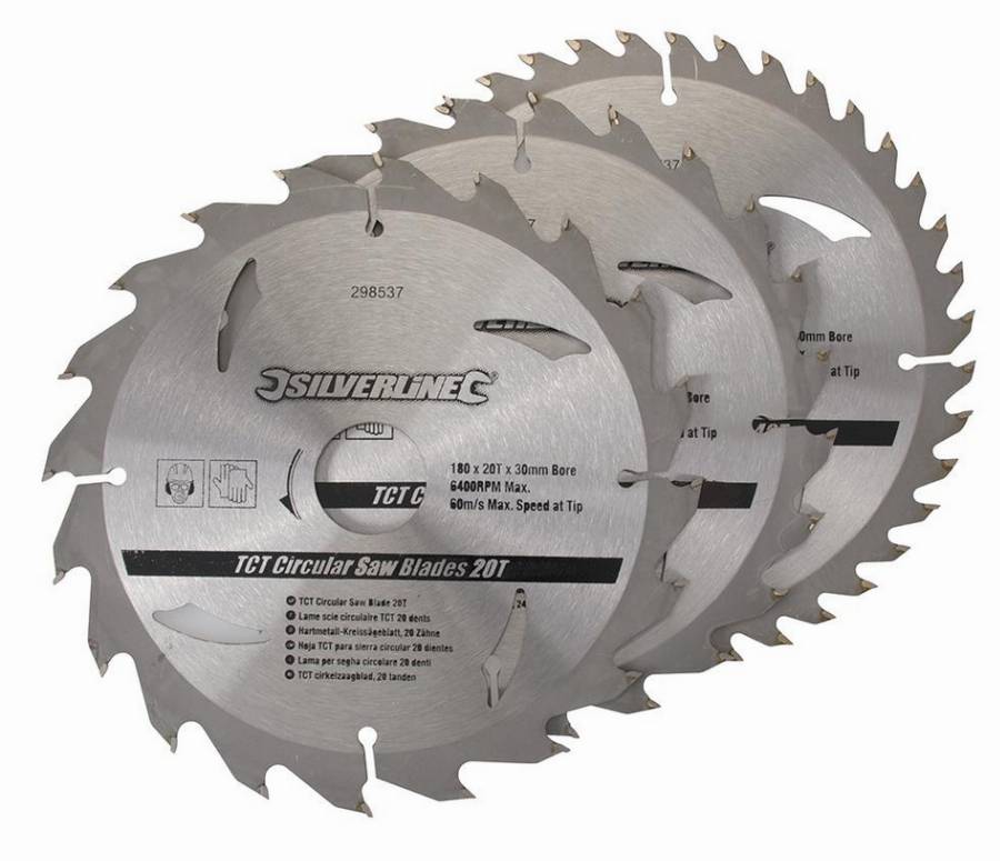 Lot de 3 lames SILVERLINE TCT Ø180 mm Alésage 30 mm - 20, 24 et 40 dents - 298537