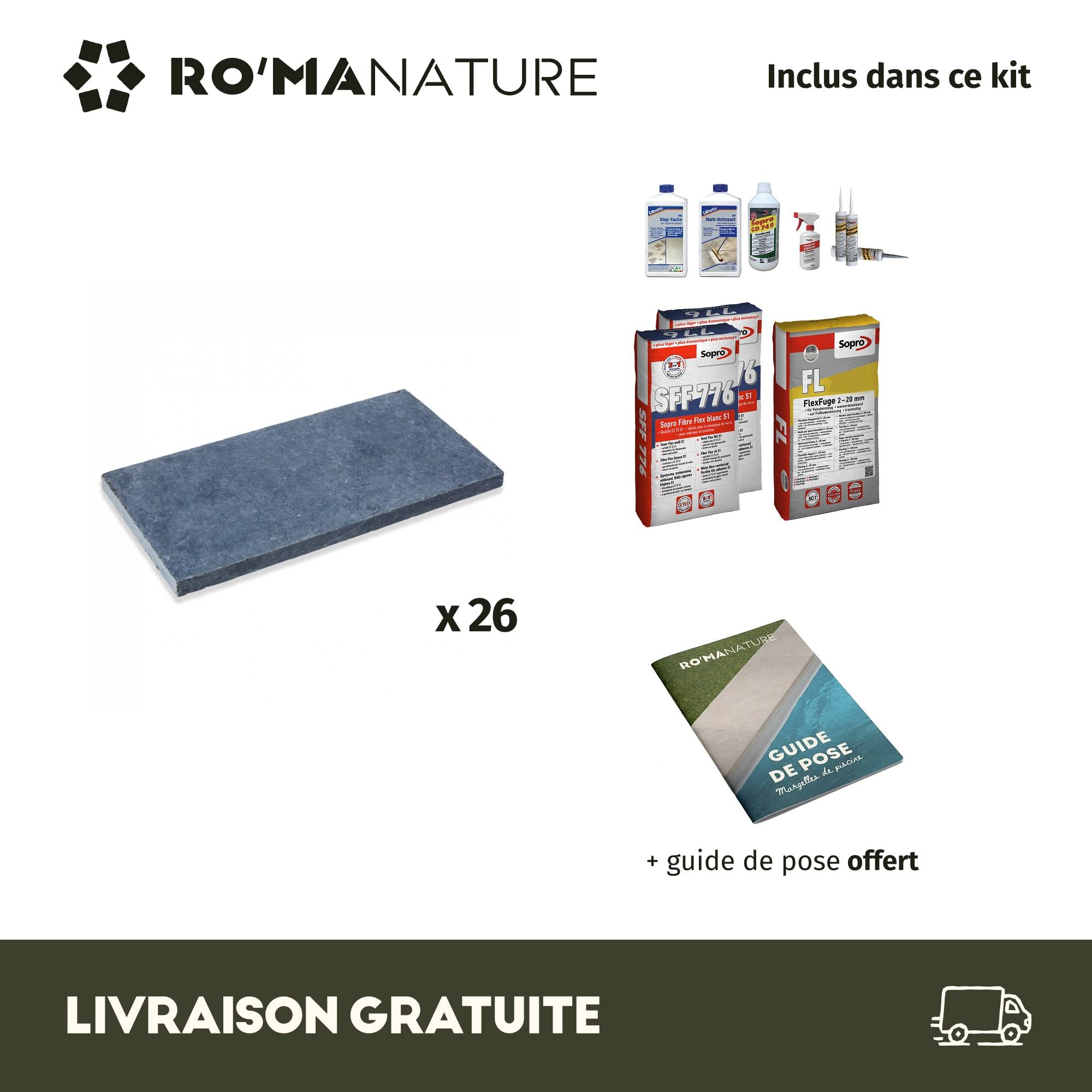 KIT COMPLET - Margelles pour piscine 4x4m en Pierre Bleue Vietnam (avec colle, joint, hydrofuge ...)  - RO'MA NATURE - Image 3