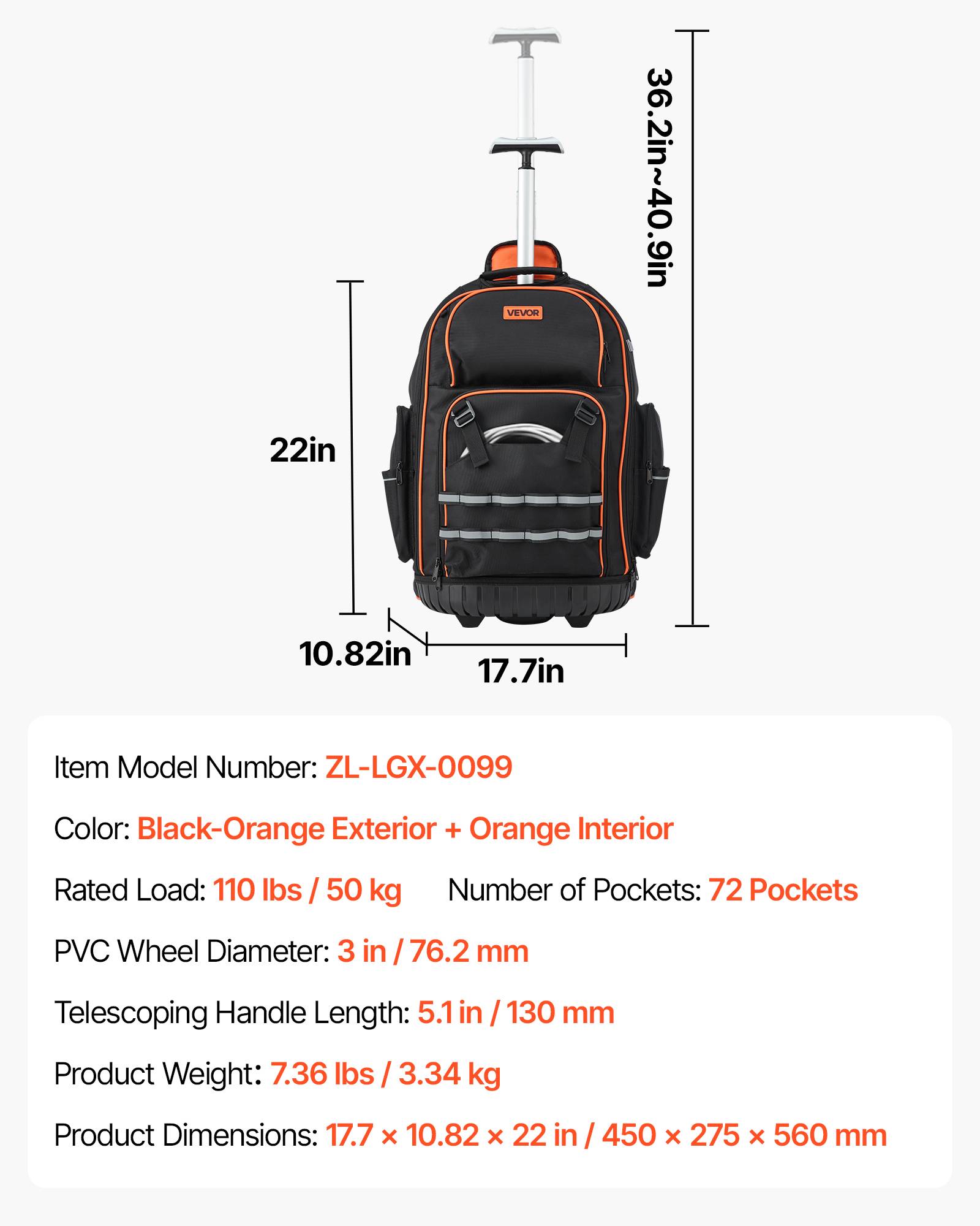 Vevor - VEVOR Sac à dos à roulettes 2 en 1, 50 kg, 72 poches, 45 x 27,5 x 56 cm, poignée télescopique, base stable. - Image 6