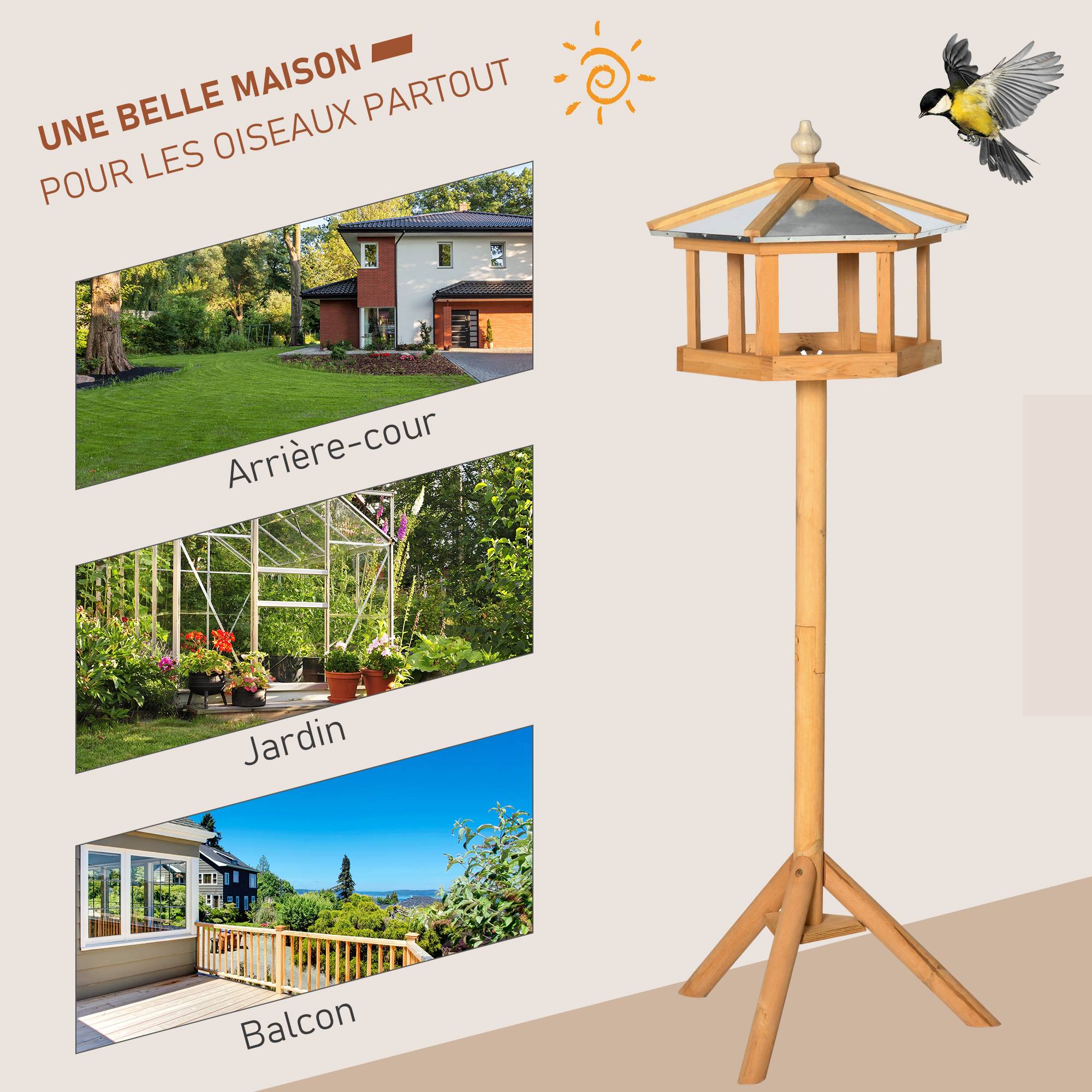 Sans Marque - Mangeoire Mangeoire pour oiseaux sauvages sur Pied nichoir a Plateau Station a Oiseau Abris à oiseaux Bois pour Exterieur 113 cm - Image 6