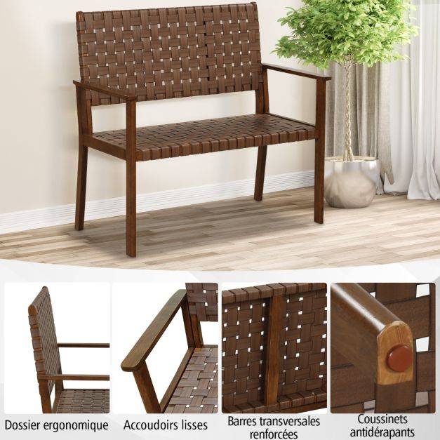 Helloshop26 - Banc de terrasse 2 places causeuse d'extérieur toutes saisons cadre en bois d'hévéa massif pour cour jardin bord de piscine naturel - Image 2