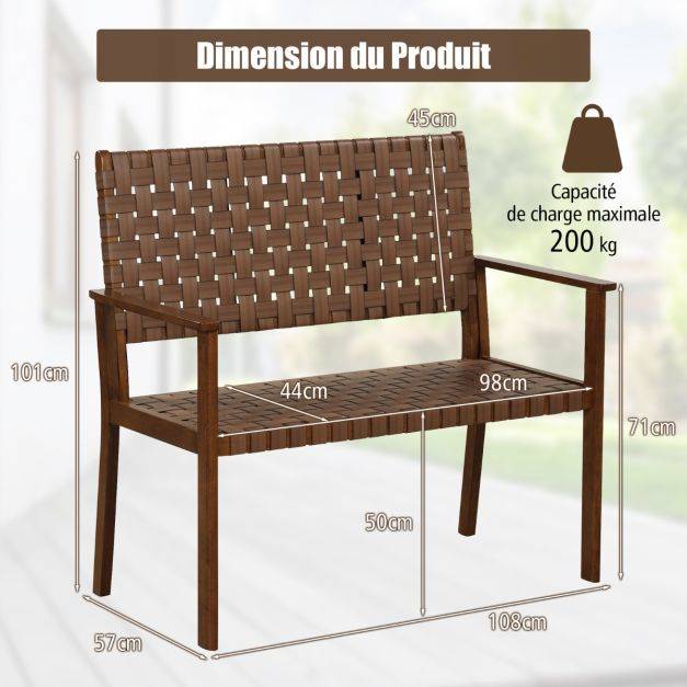 Helloshop26 - Banc de terrasse 2 places causeuse d'extérieur toutes saisons cadre en bois d'hévéa massif pour cour jardin bord de piscine naturel - Image 3