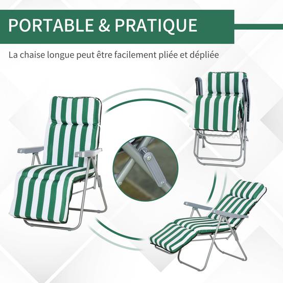 Lot de 2 chaises longues bain de soleil ajustable pliable transat - 60x75x102cm Métal Vert fr79 - Image 6