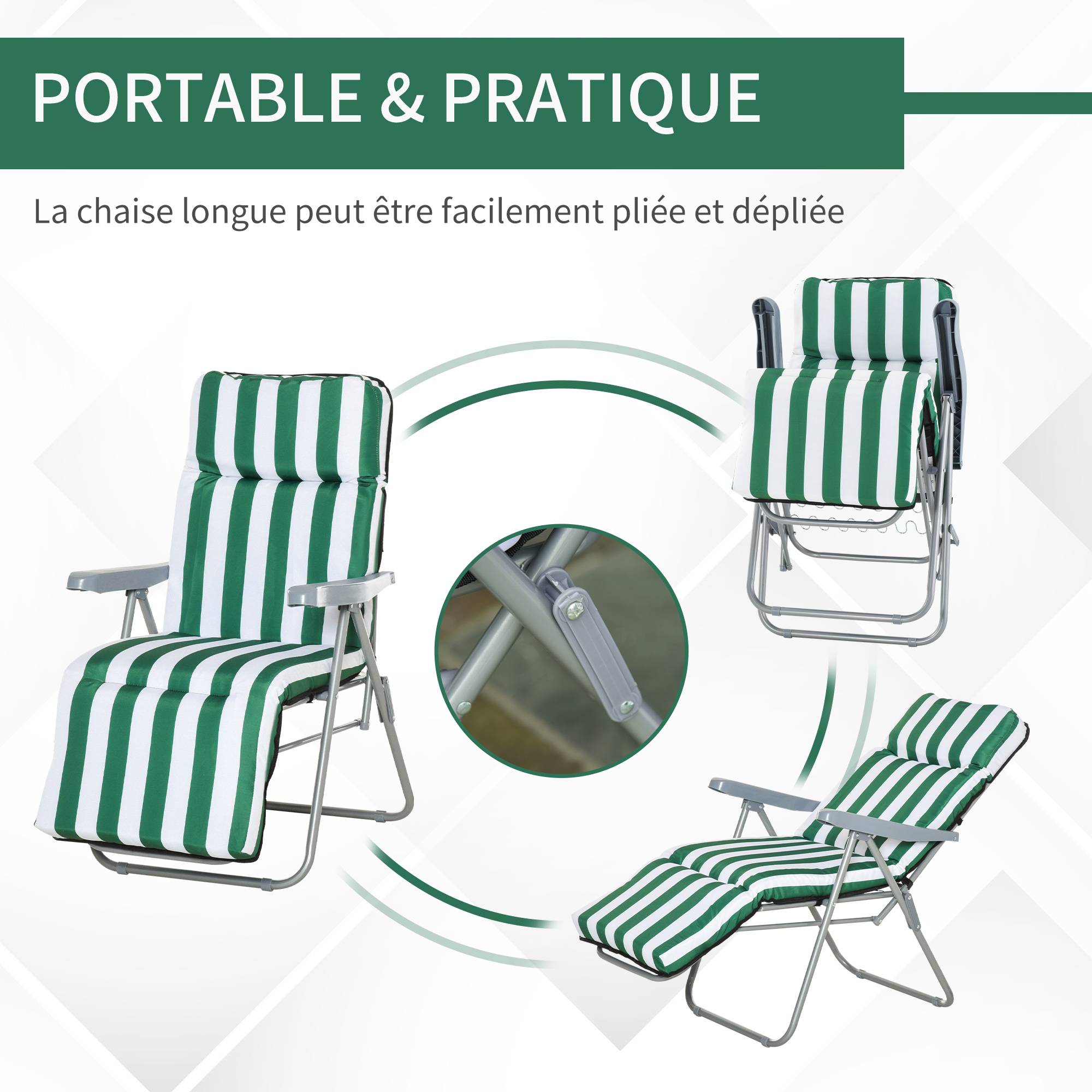 Lot de 2 chaises longues bain de soleil ajustable pliable transat - 60x75x102cm Métal Vert fr79 - Image 6