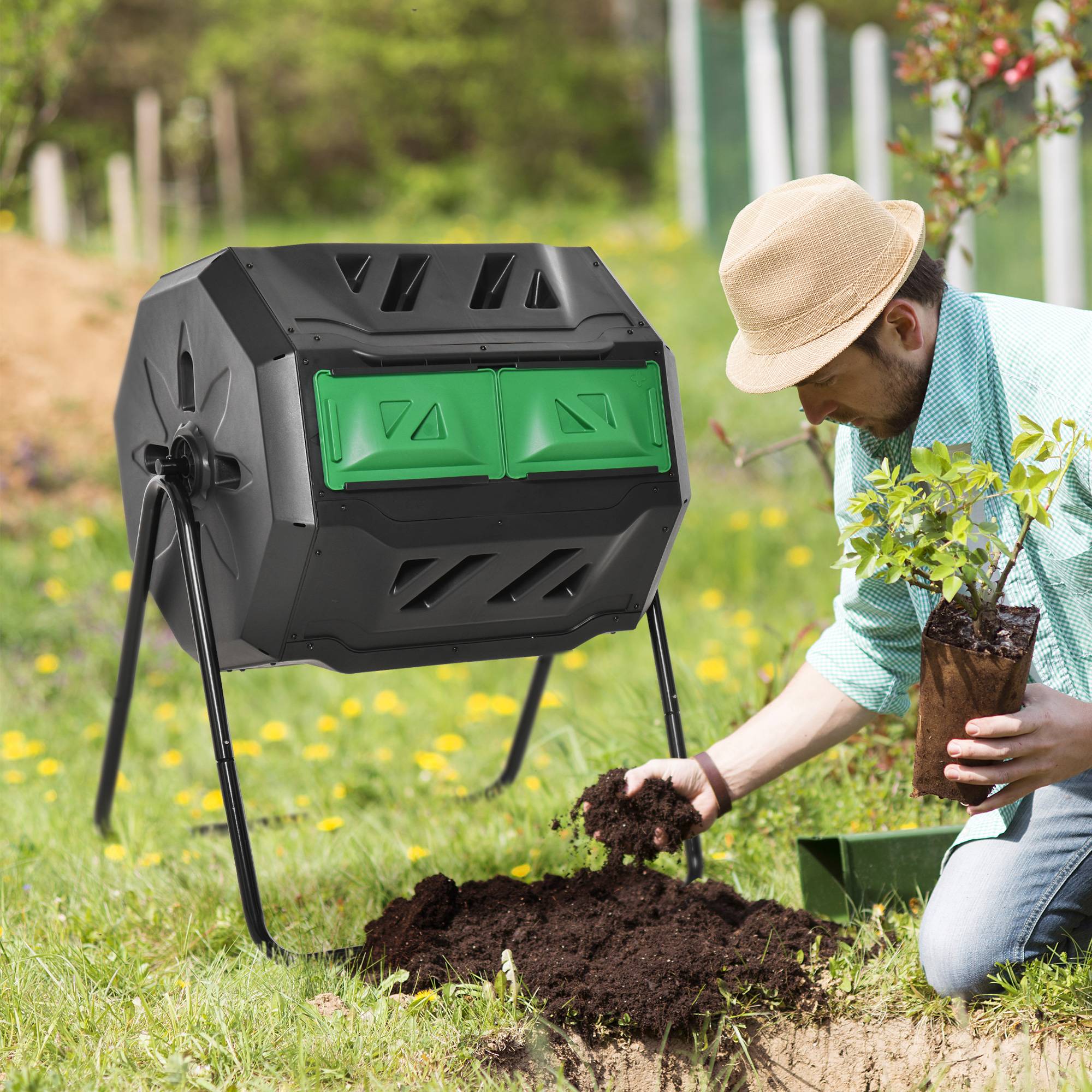 ComfortXL - Composteur rotatif plastique acier jardin double chambre aération 160L noir - ComfortXL Outdoor Living - Image 1