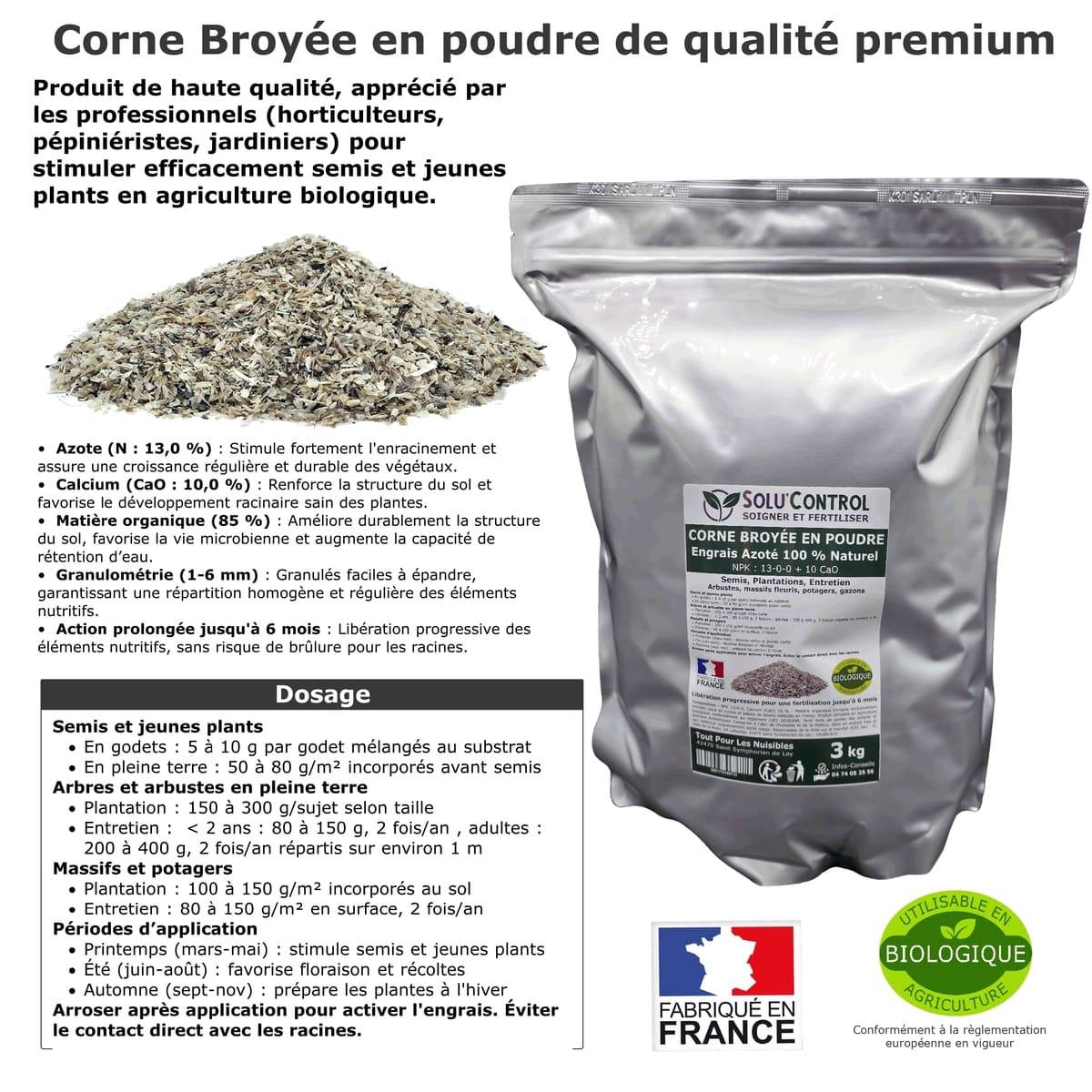 SOLU’CONTROL - 3 kg de Corne Broyée en Poudre - Formulation haute qualité Organo-Minerale - Engrais Azoté 100% Naturel - Image 2