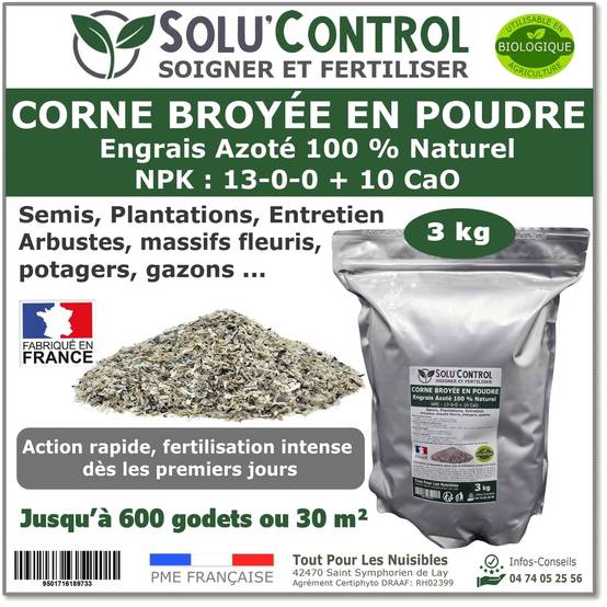 SOLU’CONTROL - 3 kg de Corne Broyée en Poudre - Formulation haute qualité Organo-Minerale - Engrais Azoté 100% Naturel - Image 1