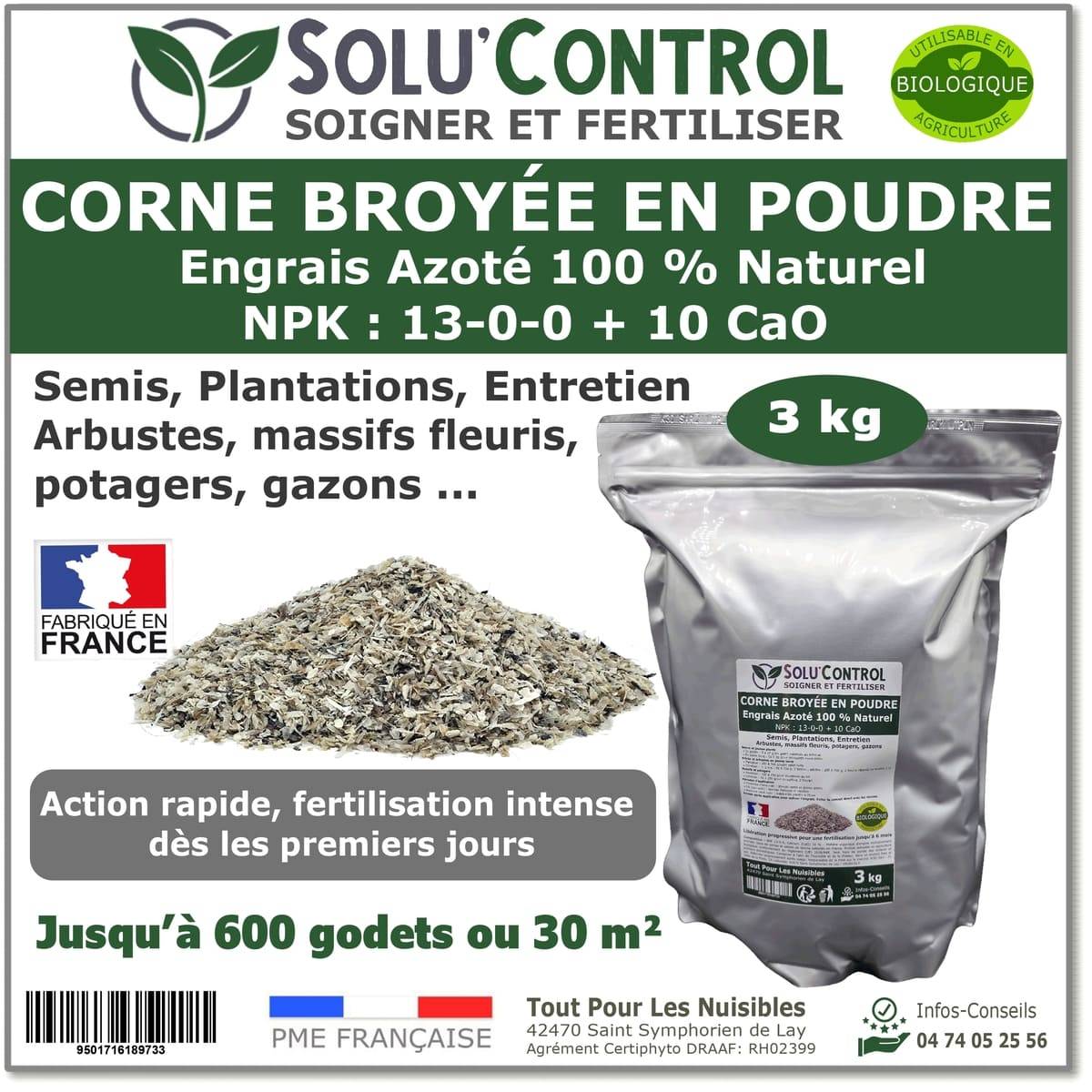 SOLU’CONTROL - 3 kg de Corne Broyée en Poudre - Formulation haute qualité Organo-Minerale - Engrais Azoté 100% Naturel - Image 1