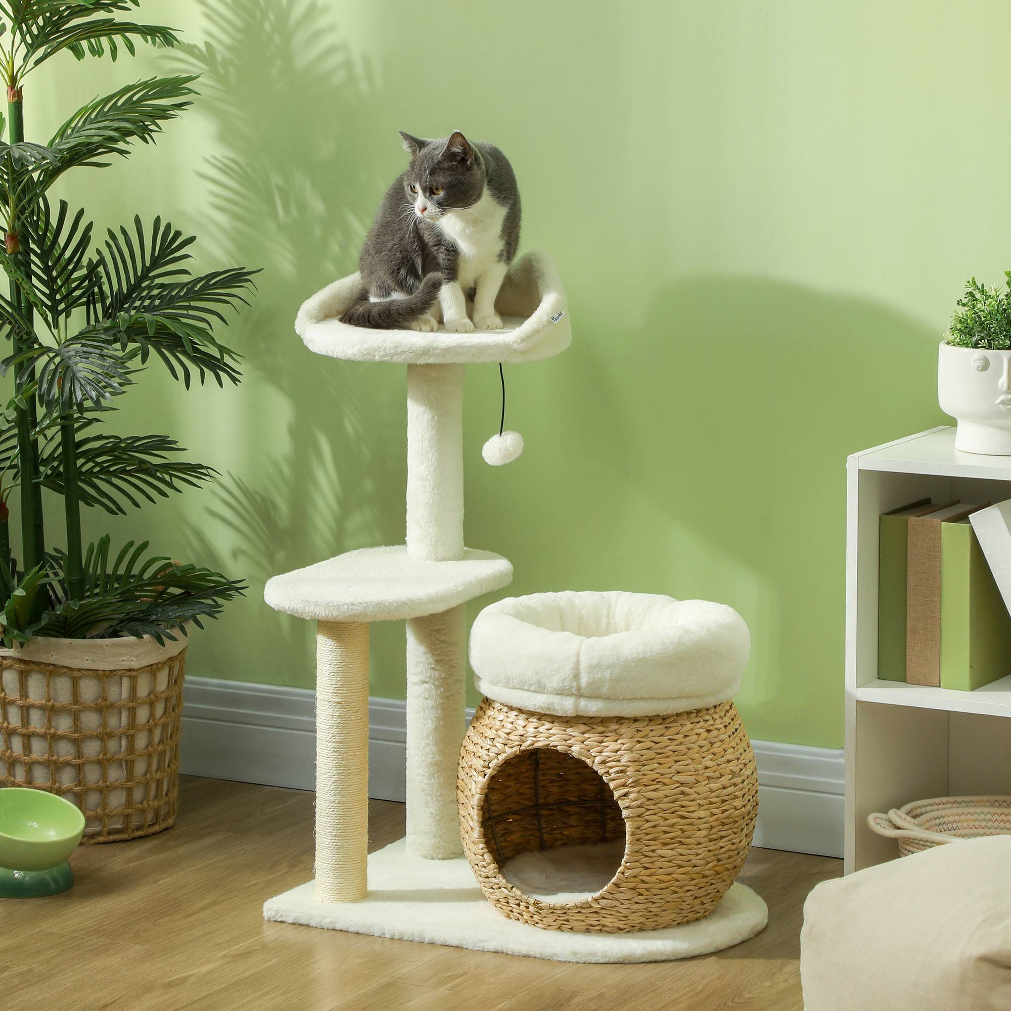 Arbre à chat niche, balle et plateforme, roseau/sisal, jusqu'à 10 kg, 60x40x79 cm, crème - Image 3