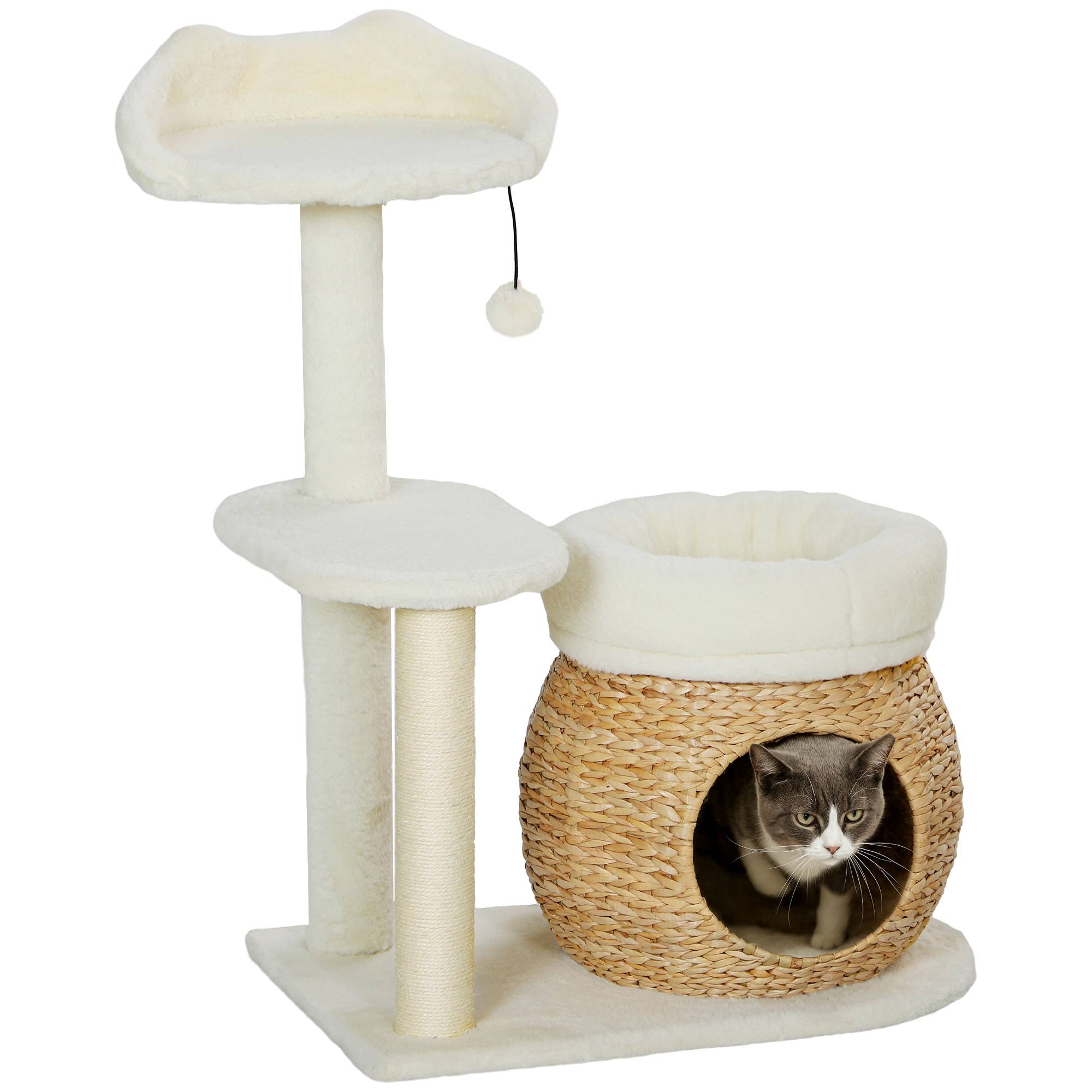 Arbre à chat niche, balle et plateforme, roseau/sisal, jusqu'à 10 kg, 60x40x79 cm, crème - Image 1
