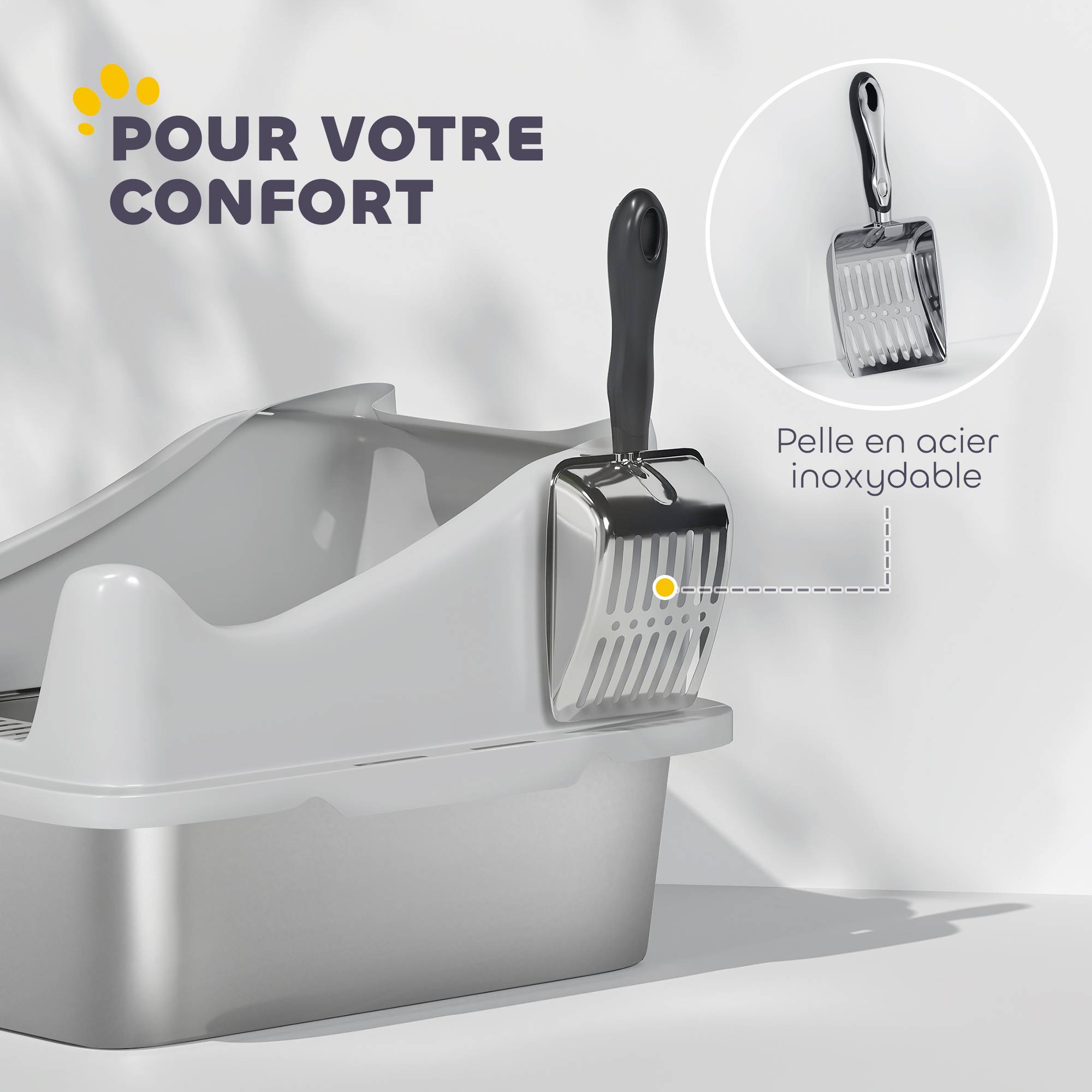 Bac à litière acier inoxydable bords hauts anti projections, toilette chat hygiénique facile nettoyage intérieur 43,1 x 33,2 x 25,4 cm gris - Image 10