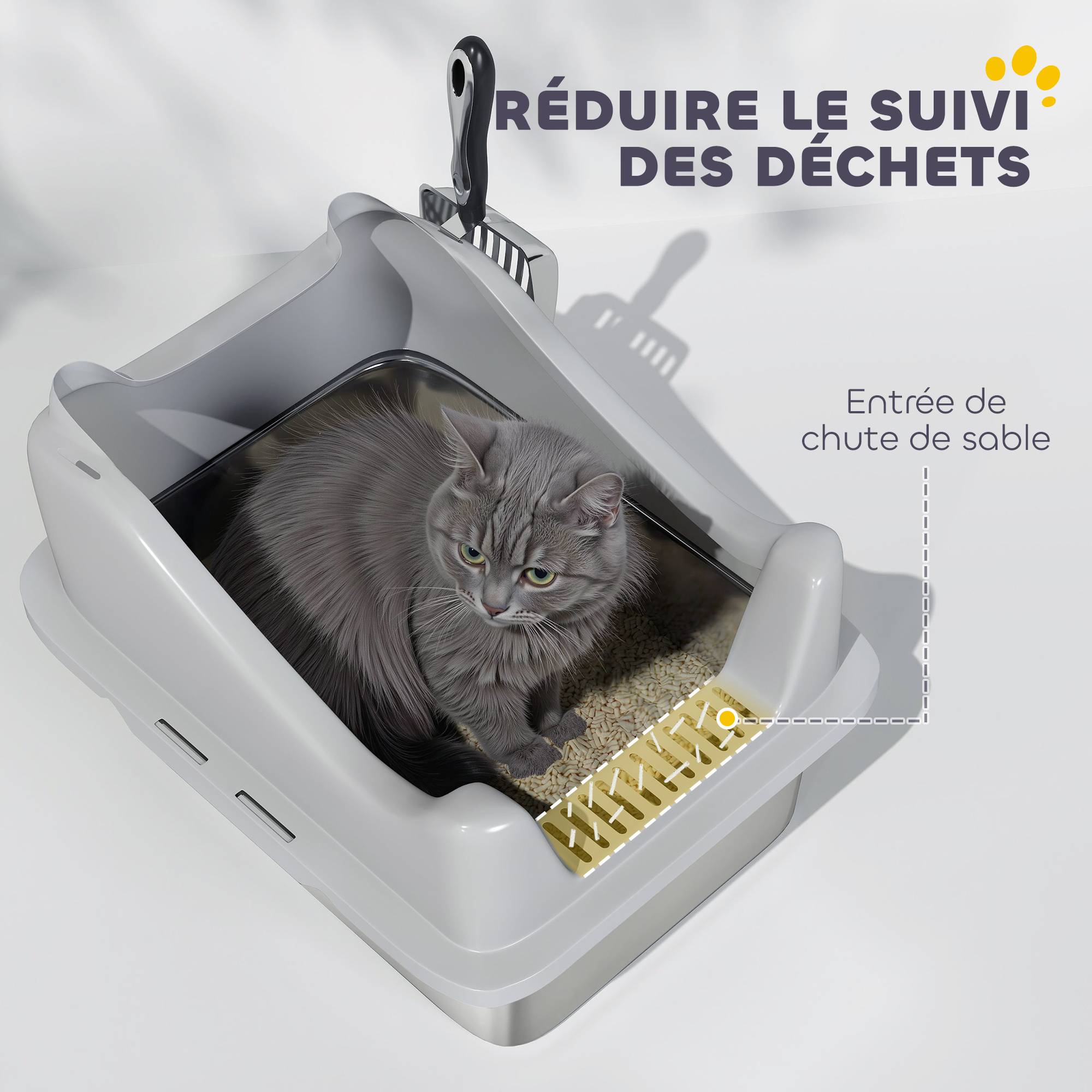 Bac à litière acier inoxydable bords hauts anti projections, toilette chat hygiénique facile nettoyage intérieur 43,1 x 33,2 x 25,4 cm gris - Image 9
