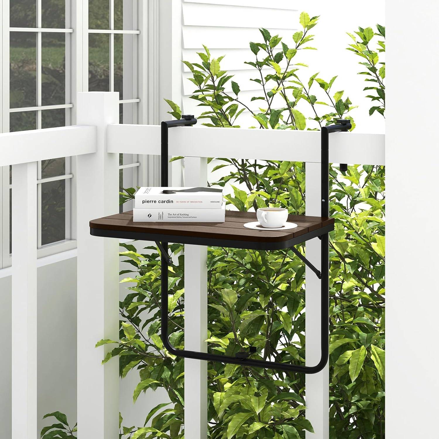 Table de Balcon Suspendue Pliable avec Hauteur 73/78,5/84CM, Table Rabattable en Hips et Métal,Brun - Image 2