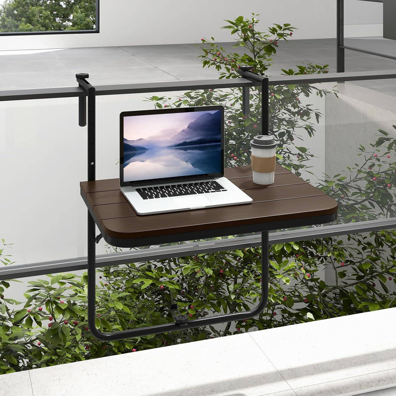 Table de Balcon Suspendue Pliable avec Hauteur 73/78,5/84CM, Table Rabattable en Hips et Métal,Brun - Image 5