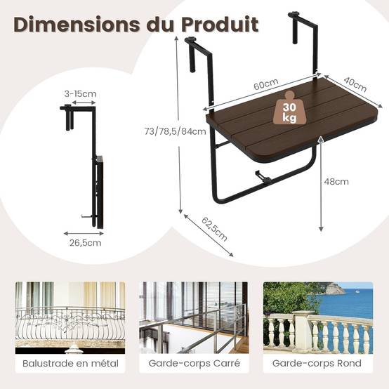 Table de Balcon Suspendue Pliable avec Hauteur 73/78,5/84CM, Table Rabattable en Hips et Métal,Brun - Image 4