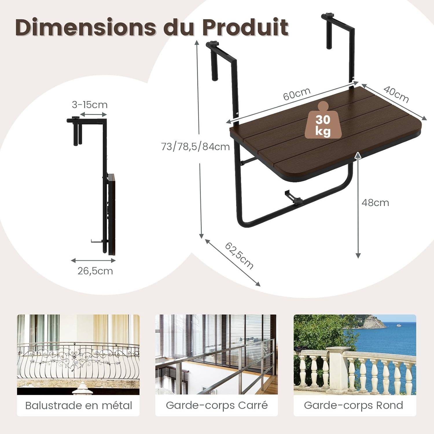 Table de Balcon Suspendue Pliable avec Hauteur 73/78,5/84CM, Table Rabattable en Hips et Métal,Brun - Image 4