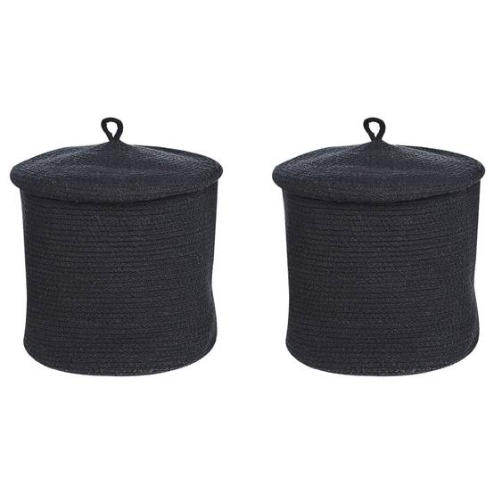 Paniers Noirs en Coton Ronds 33 cm Corbeille à Linge Tressée Rangement pour Intérieur Minimaliste avec Couvercle Boîte Lot de 2 - Image 1