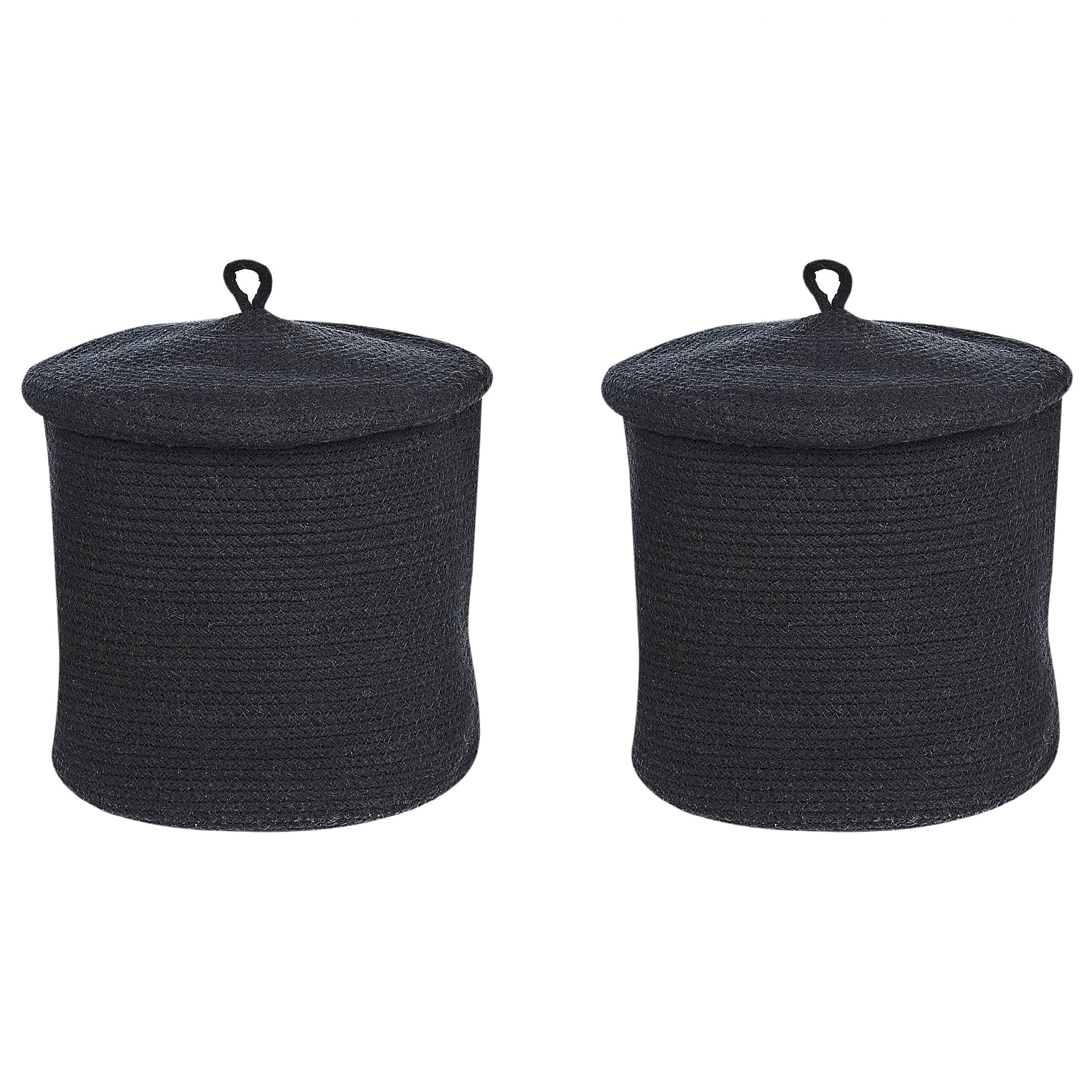 Paniers Noirs en Coton Ronds 33 cm Corbeille à Linge Tressée Rangement pour Intérieur Minimaliste avec Couvercle Boîte Lot de 2