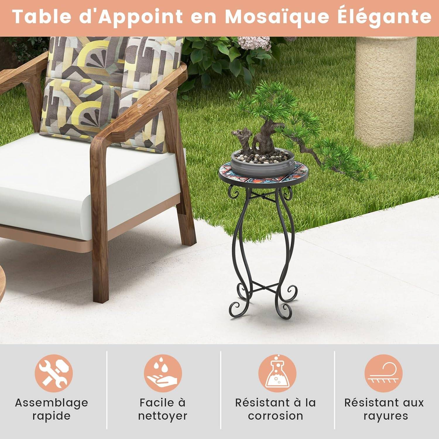 Costway - Table d’Appoint Exterieur Jardin en Mosaïque, Table Basse d'Extérieur pour Balcon Piscine (Coloré) - Image 5