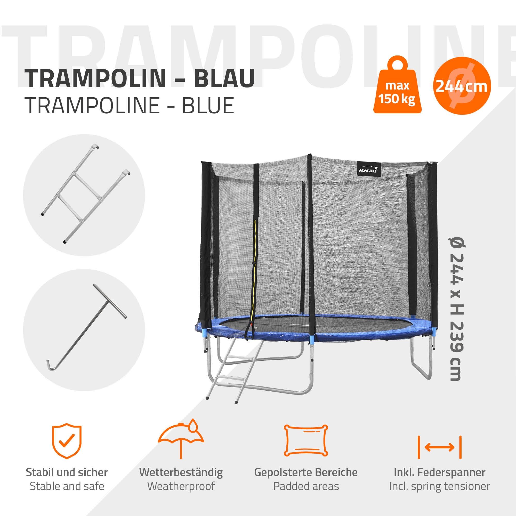 Trampoline de jardin avec filet de sécurité et échelle set complet bleu Ø 244 cm - Image 3