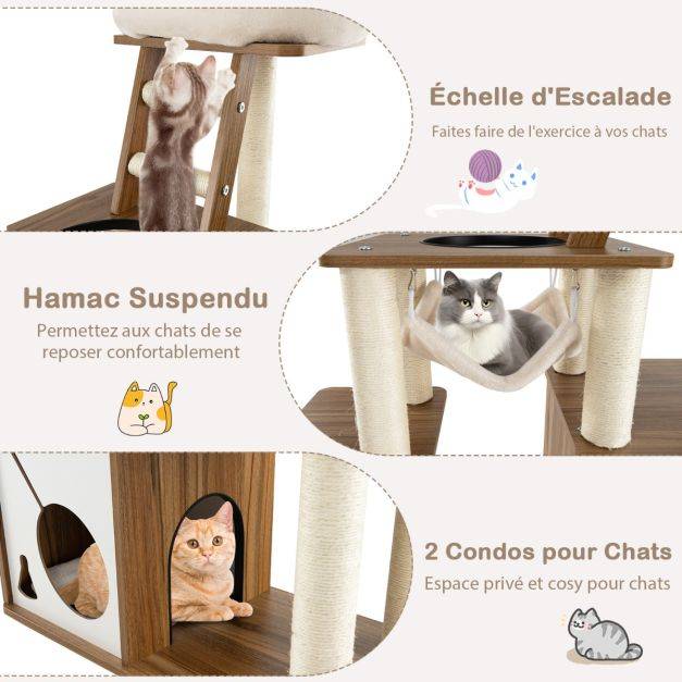 Helloshop26 - Arbre à chat 145 cm tour à plusieurs niveaux avec poteaux à griffer perchoir échelle hamac suspendu et 2 condos maison de jeu naturel - Image 4