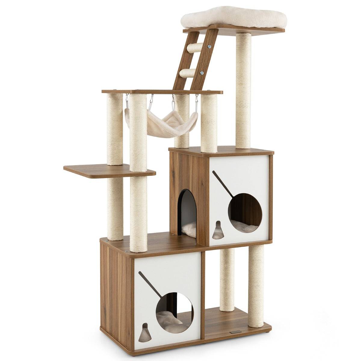 Helloshop26 - Arbre à chat 145 cm tour à plusieurs niveaux avec poteaux à griffer perchoir échelle hamac suspendu et 2 condos maison de jeu naturel - Image 1