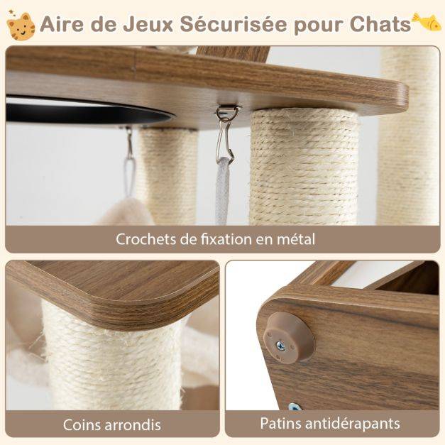 Helloshop26 - Arbre à chat 145 cm tour à plusieurs niveaux avec poteaux à griffer perchoir échelle hamac suspendu et 2 condos maison de jeu naturel - Image 2