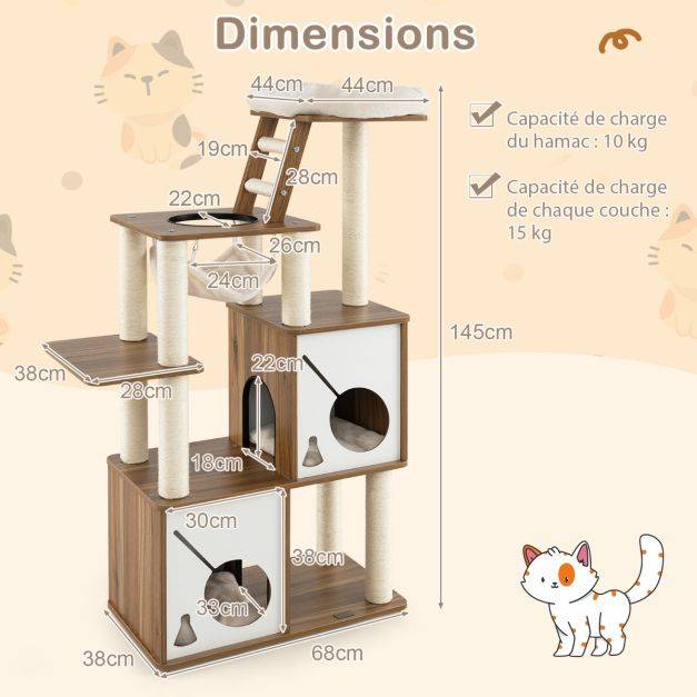 Helloshop26 - Arbre à chat 145 cm tour à plusieurs niveaux avec poteaux à griffer perchoir échelle hamac suspendu et 2 condos maison de jeu naturel - Image 3