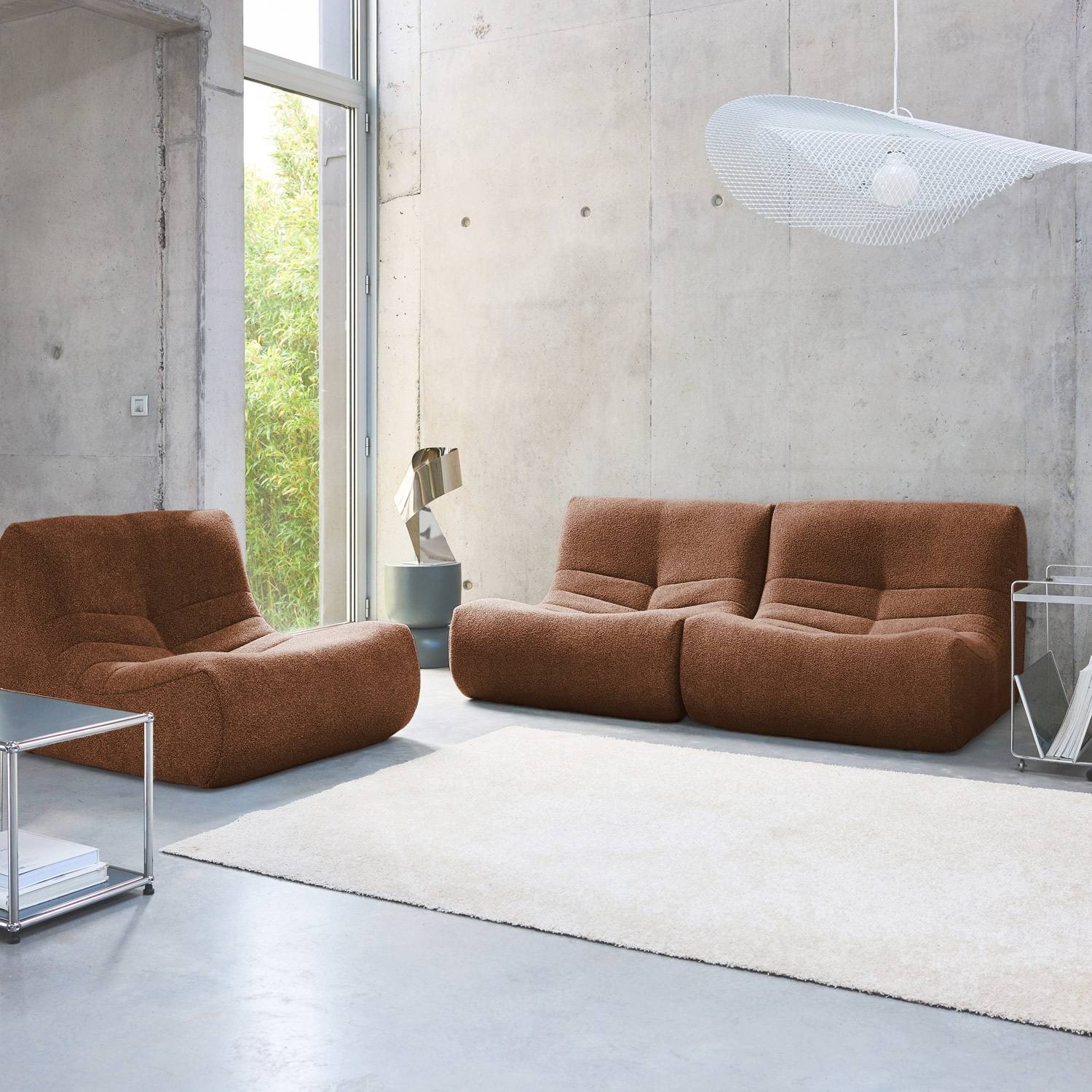 sweeek - Lot de 3 fauteuils chauffeuses en bouclette texturée terracotta style contemporain 1 place | sweeek - Image 1