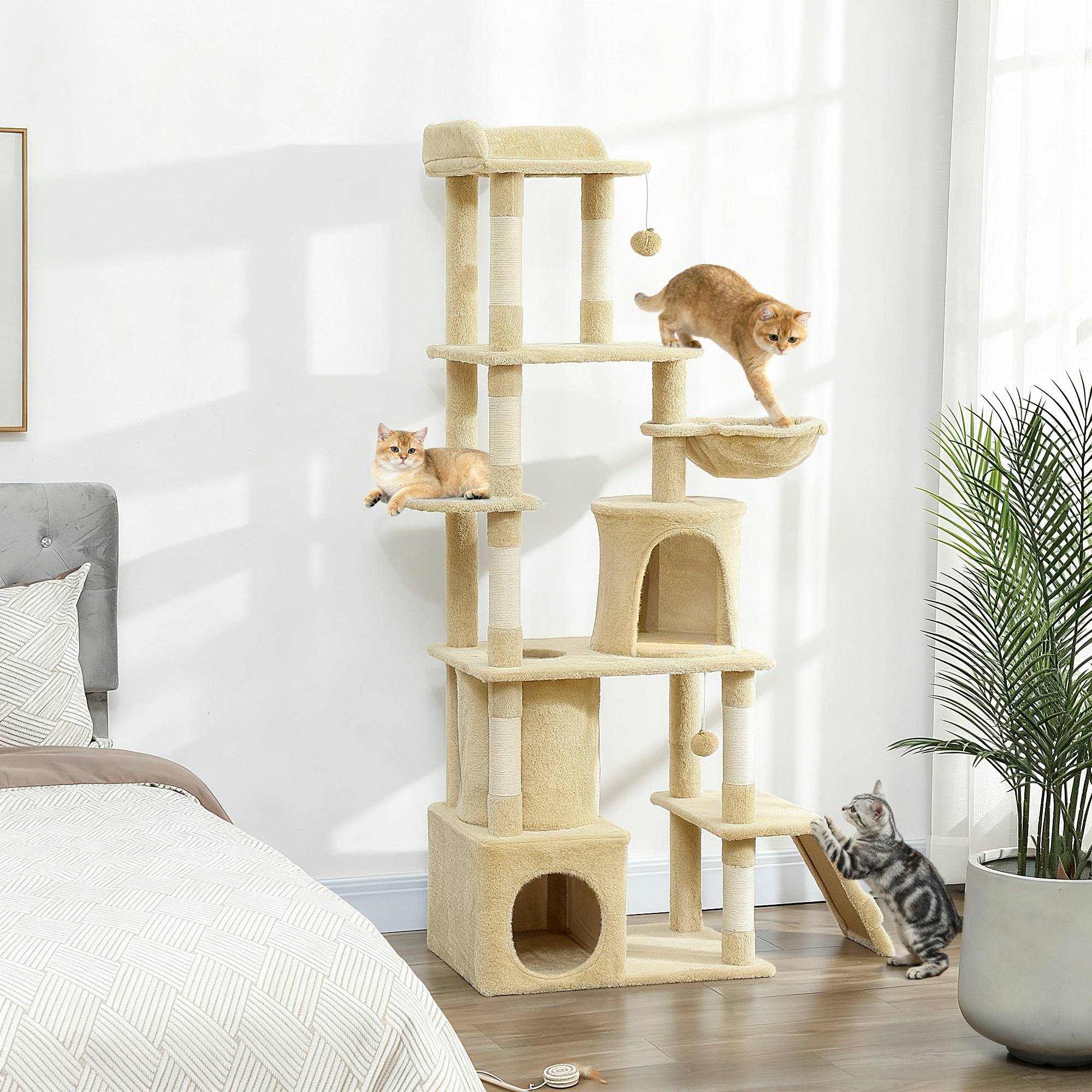 Sans Marque - Arbre à chat XXL beige 170 cm avec tunnel, niches, hamac et plateformes - Image 4