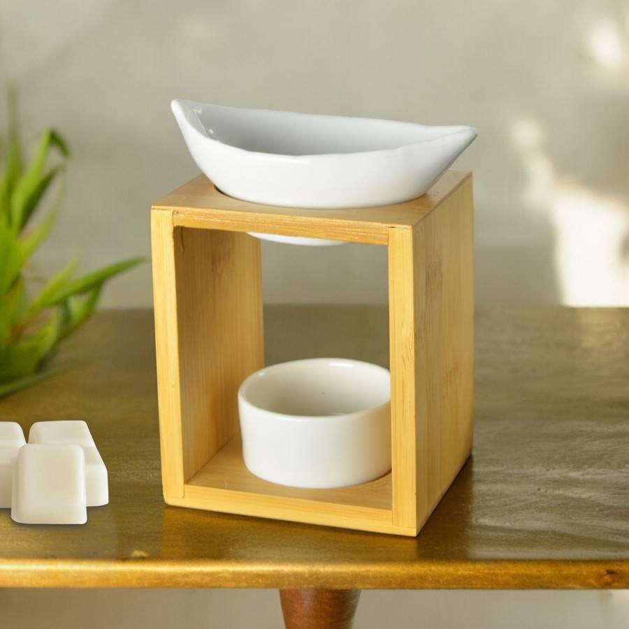 Brûle Parfum Feuillage - Brûleur Fondant Parfumé – Diffuseur Huile Essentielle en céramique et bambou - H 12 cm - Zen'Arôme - Image 1
