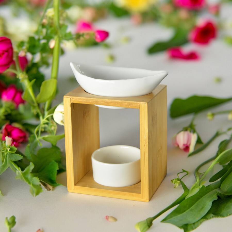 Brûle Parfum Feuillage - Brûleur Fondant Parfumé – Diffuseur Huile Essentielle en céramique et bambou - H 12 cm - Zen'Arôme - Image 2