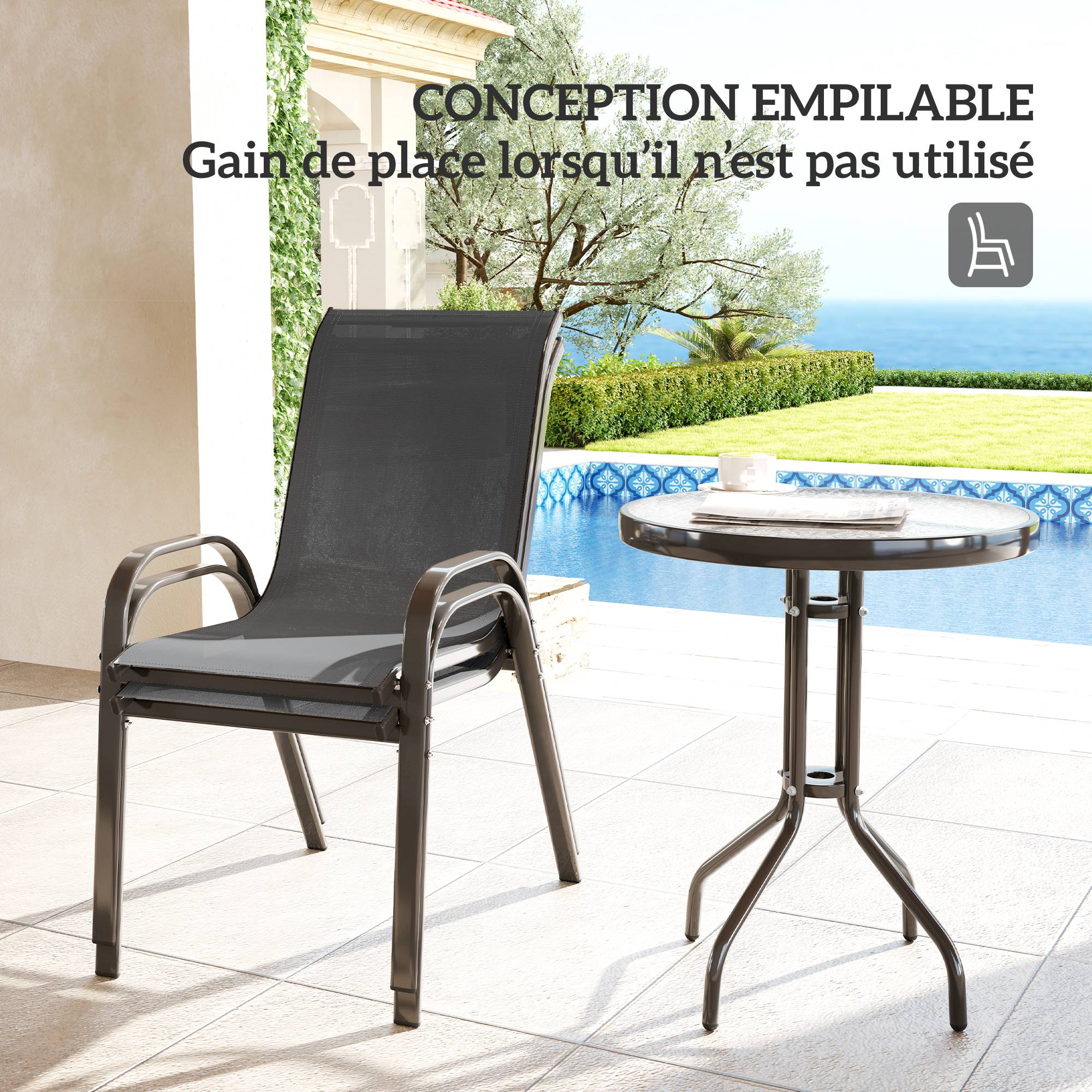 Outsunny - Salon jardin 3 pièces 2 fauteuils empilables table basse verre trempé textilène anthracite - Outsunny - Image 4