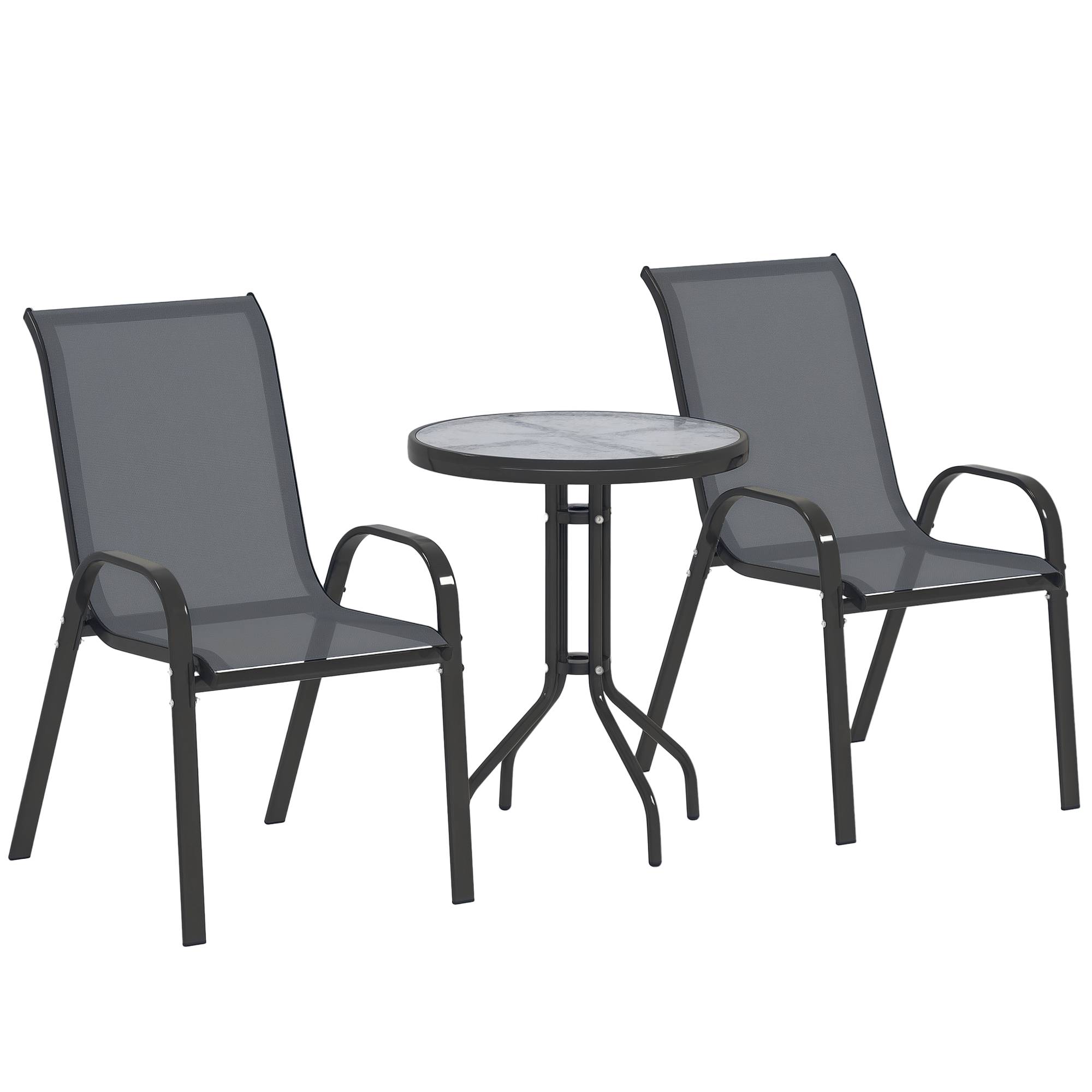 Outsunny - Salon jardin 3 pièces 2 fauteuils empilables table basse verre trempé textilène anthracite - Outsunny - Image 1